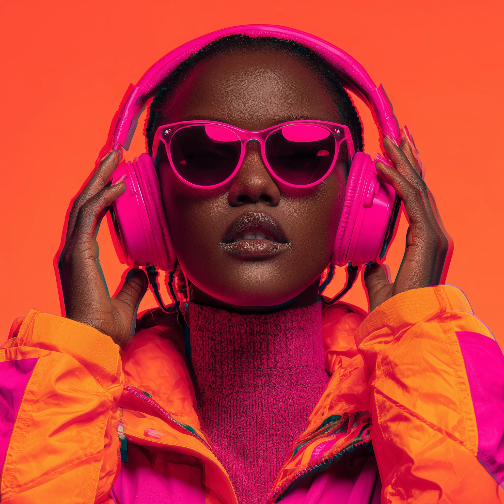 Woman in Vibrant Neon Pink and Orange Techwear