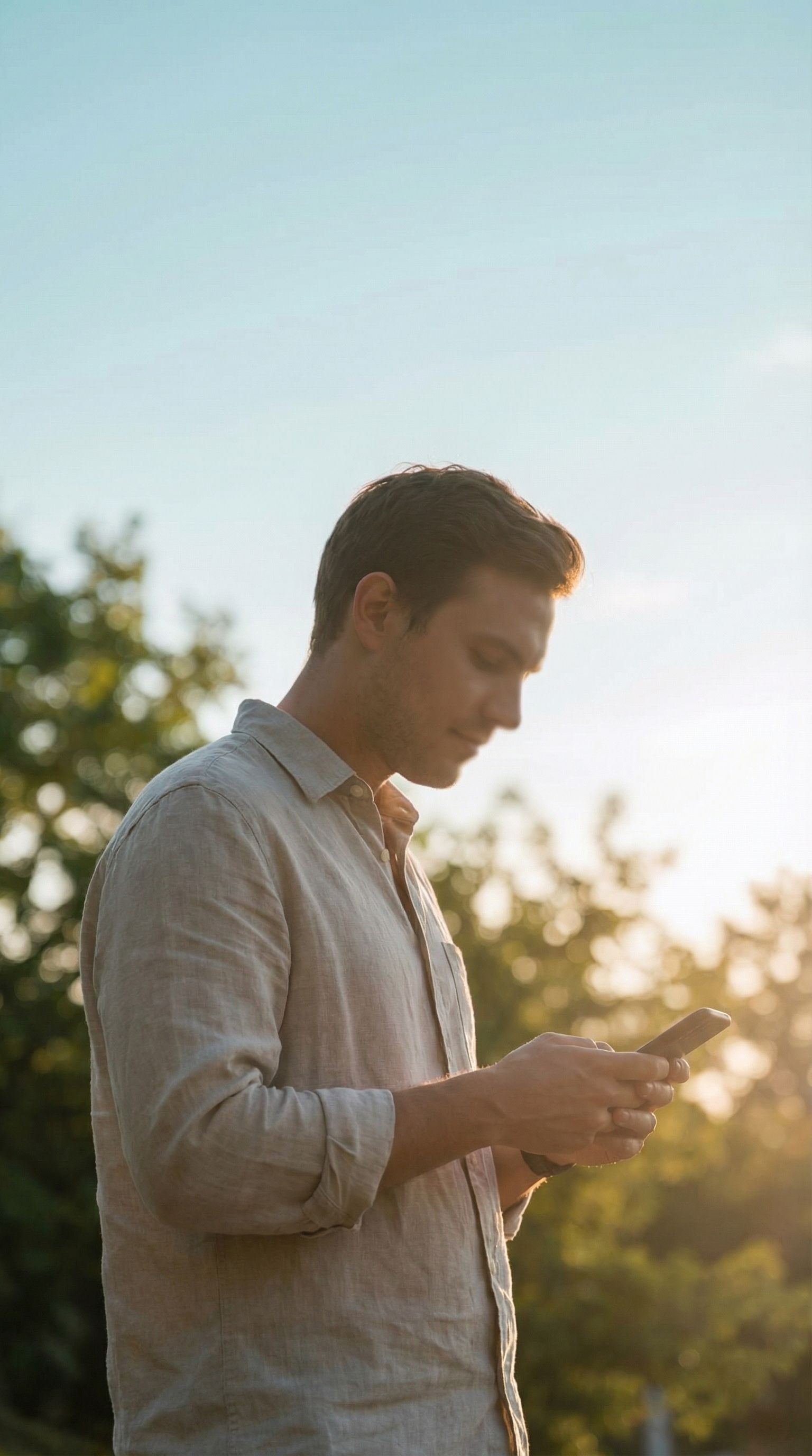 Man using smartphone outdoors at sunset