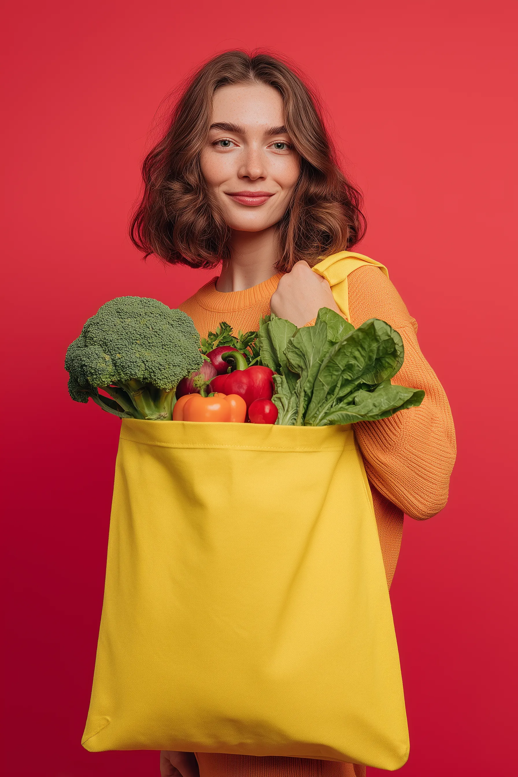 Woman with yellow tote bag of fresh vegetables