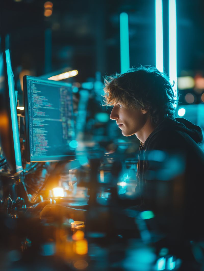Young programmer coding at neon-lit workstation