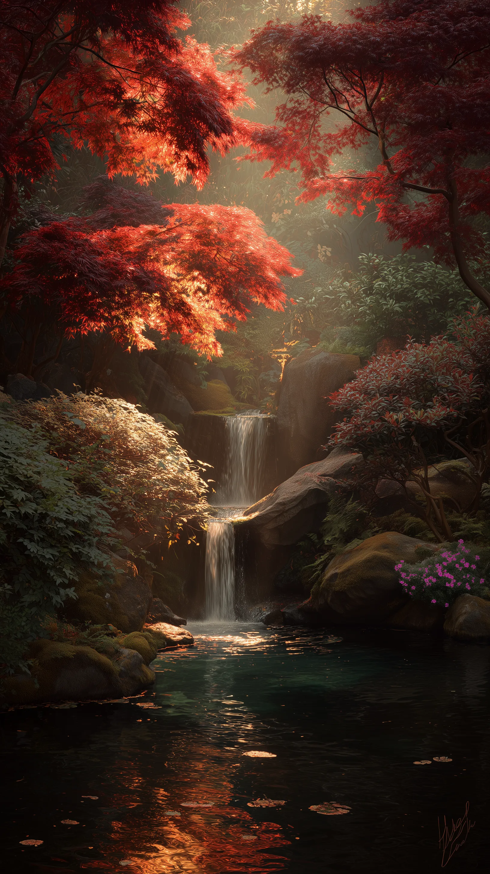 Sunlit Japanese Maple Waterfall Garden