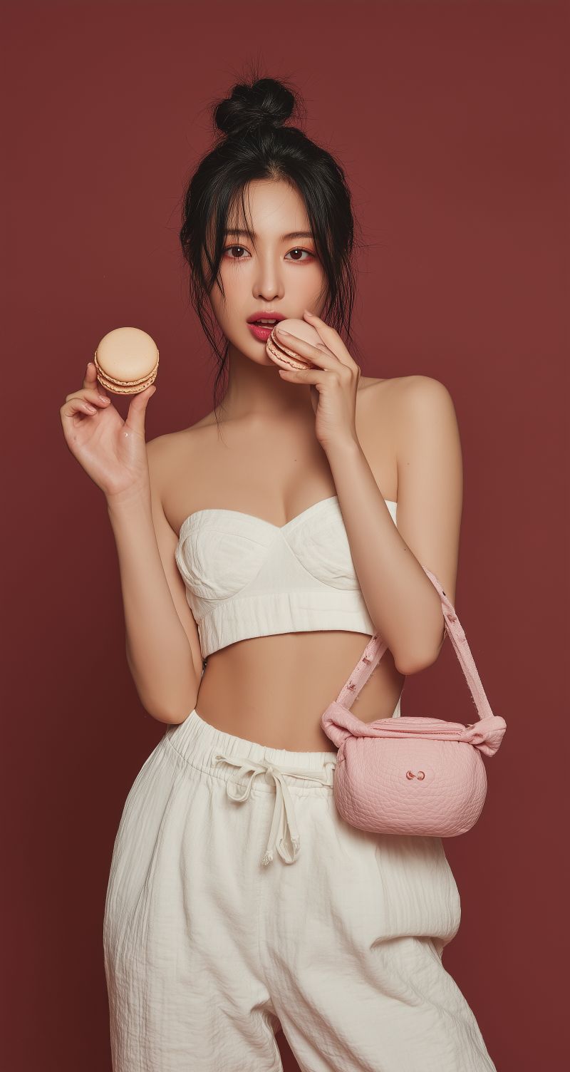 Stylish woman with macarons and pink purse