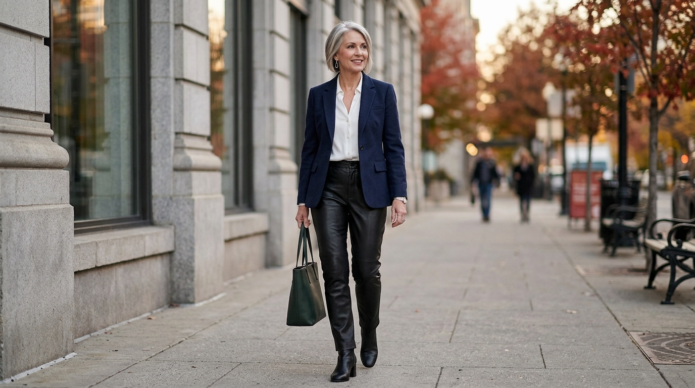 Mature woman pairing a blazer with leather pants
