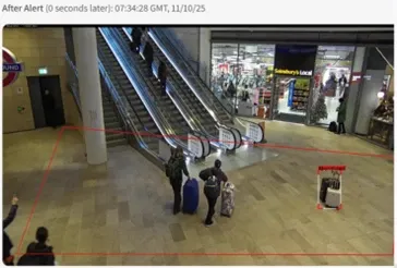 Alert triggered for unattended object with bounding box overlay