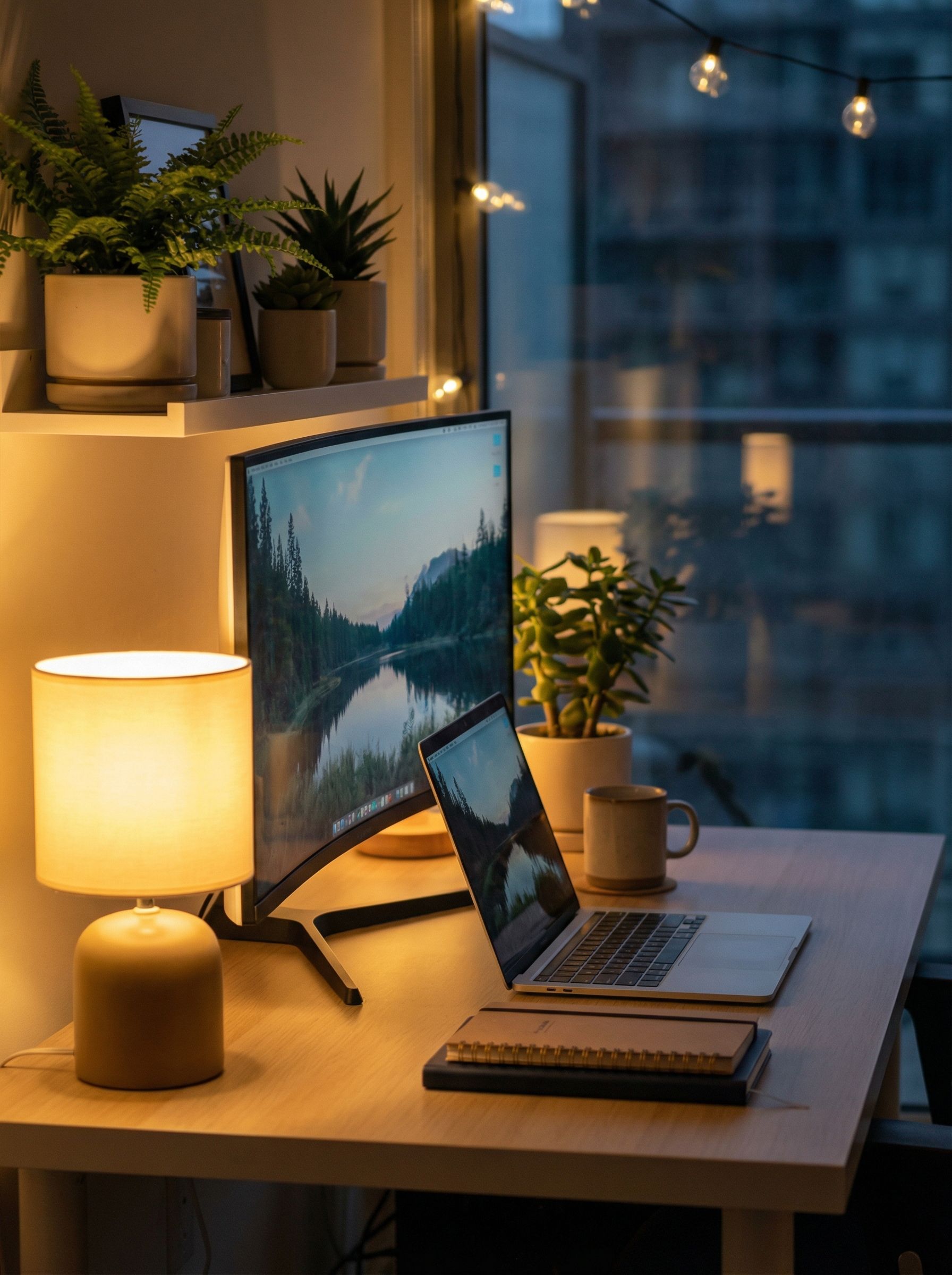 Cozy evening home office with laptop and plants