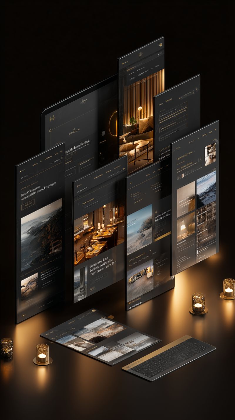 Dark luxury UI mockup with floating web screens
