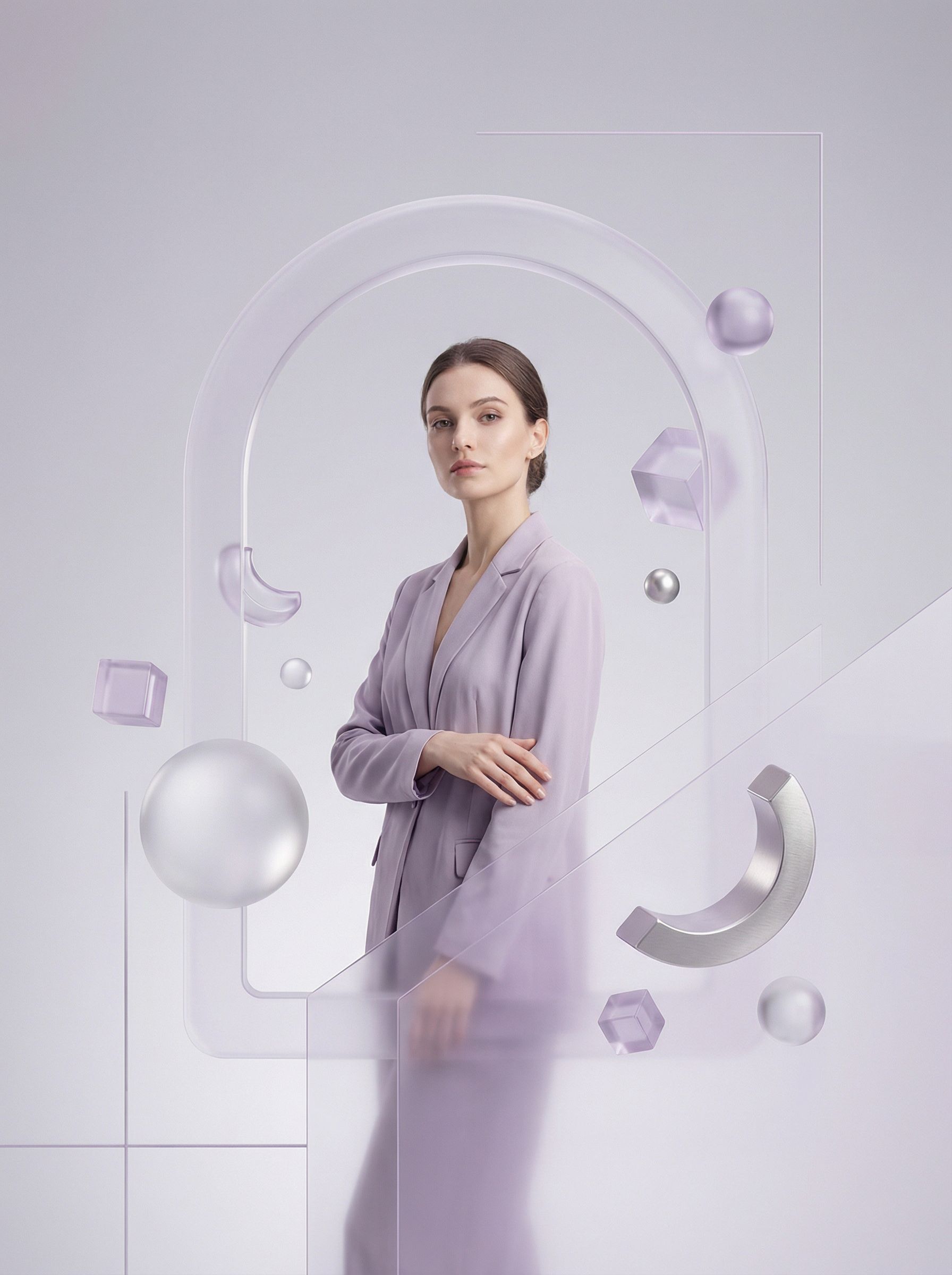Elegant woman in lavender suit with abstract shapes
