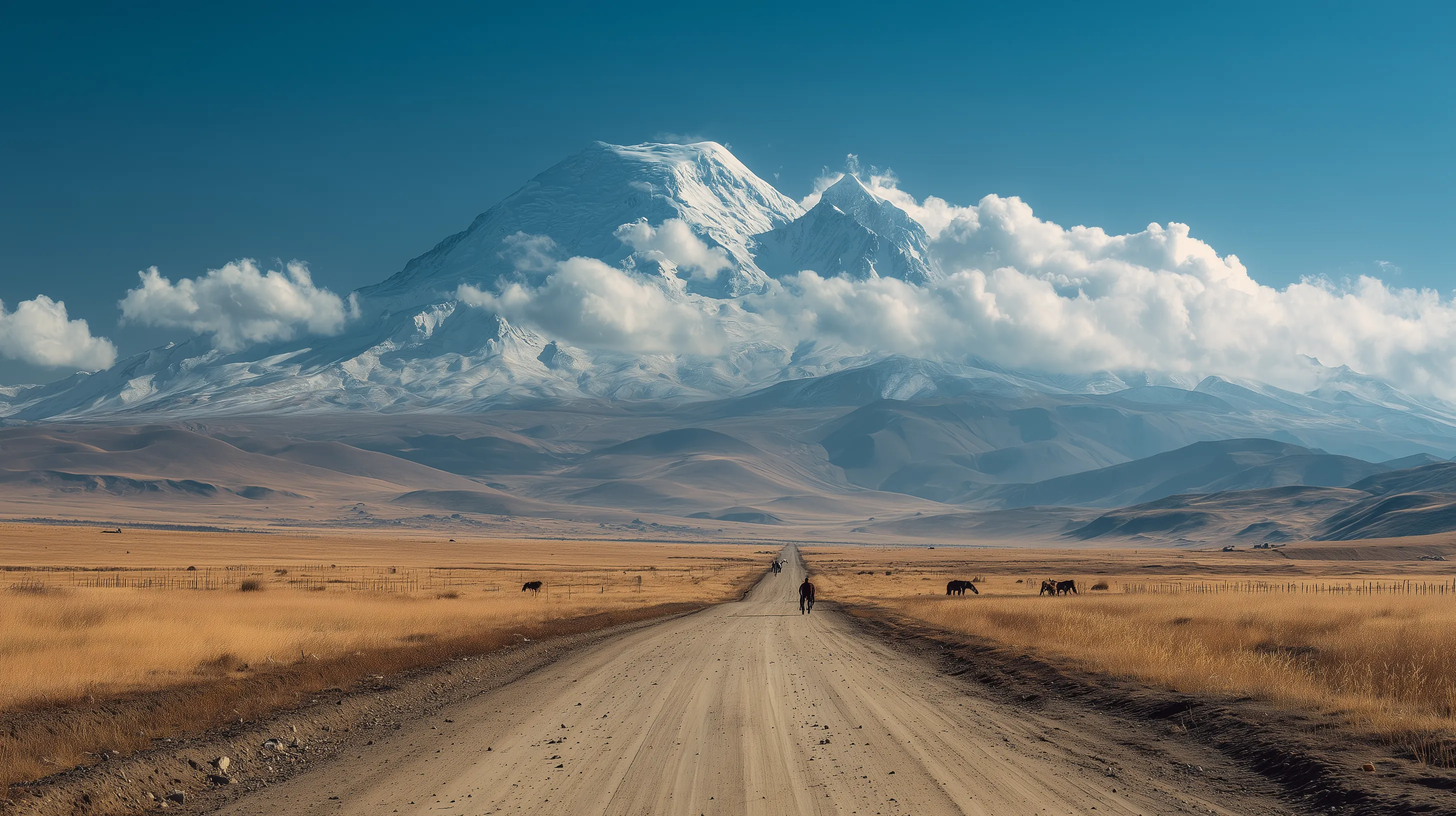 Gravel Road Leading to Snow-Capped Mountain Peak