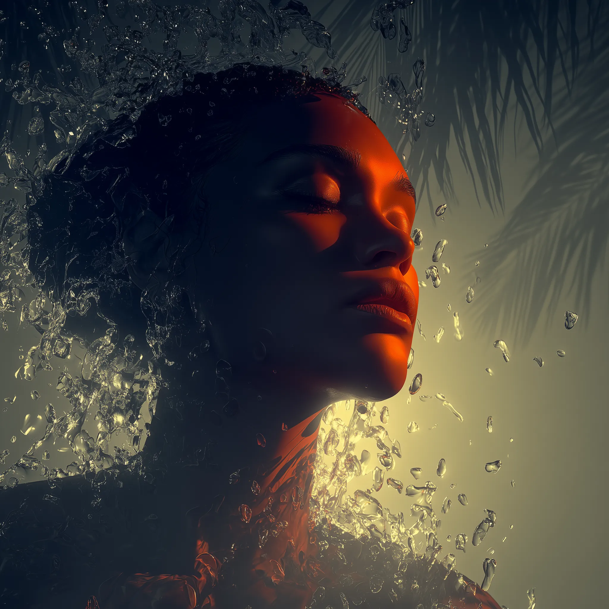 Surreal portrait bathed in water and light