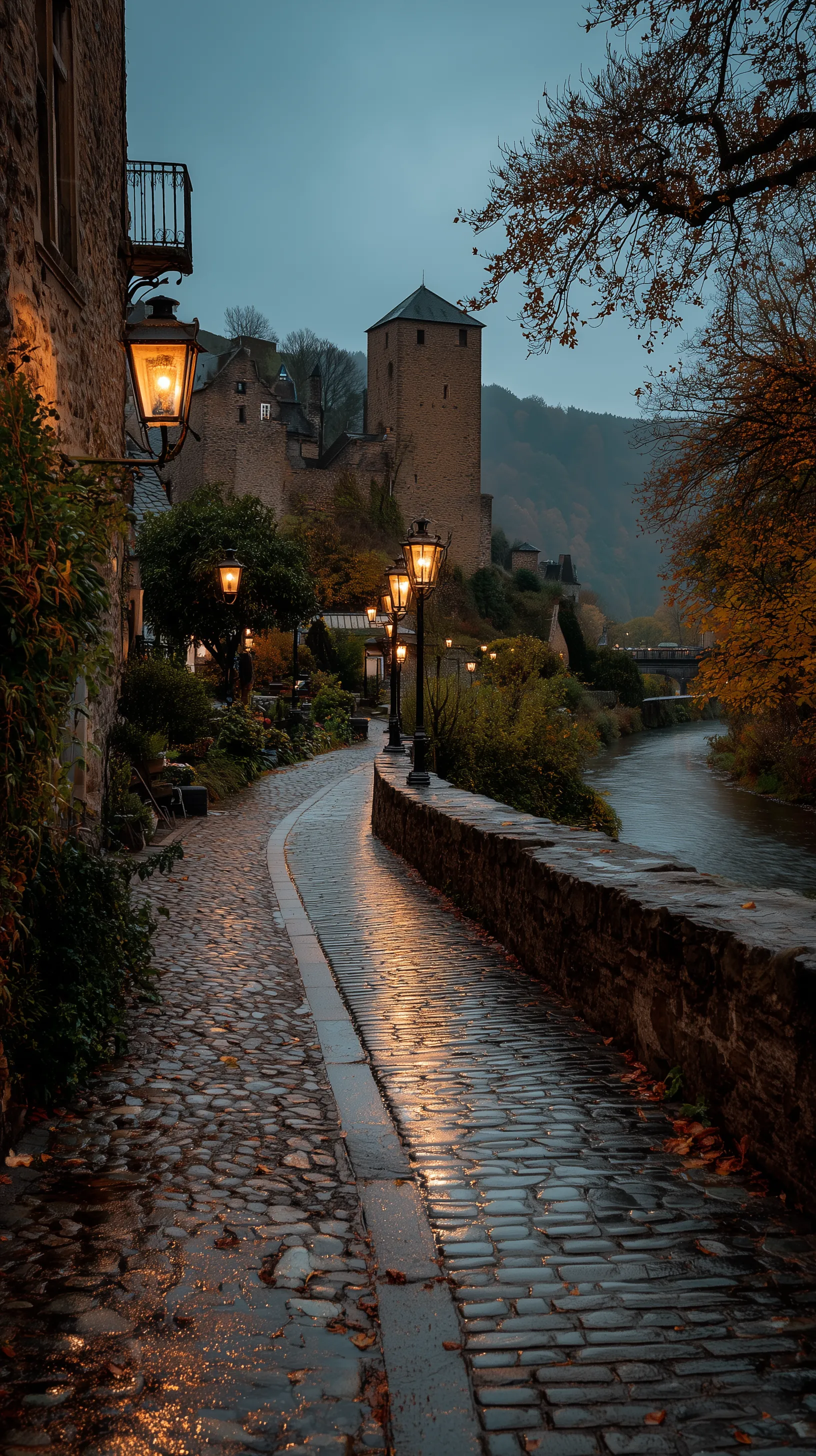 Rainy Evening Path by Medieval Riverside Castle