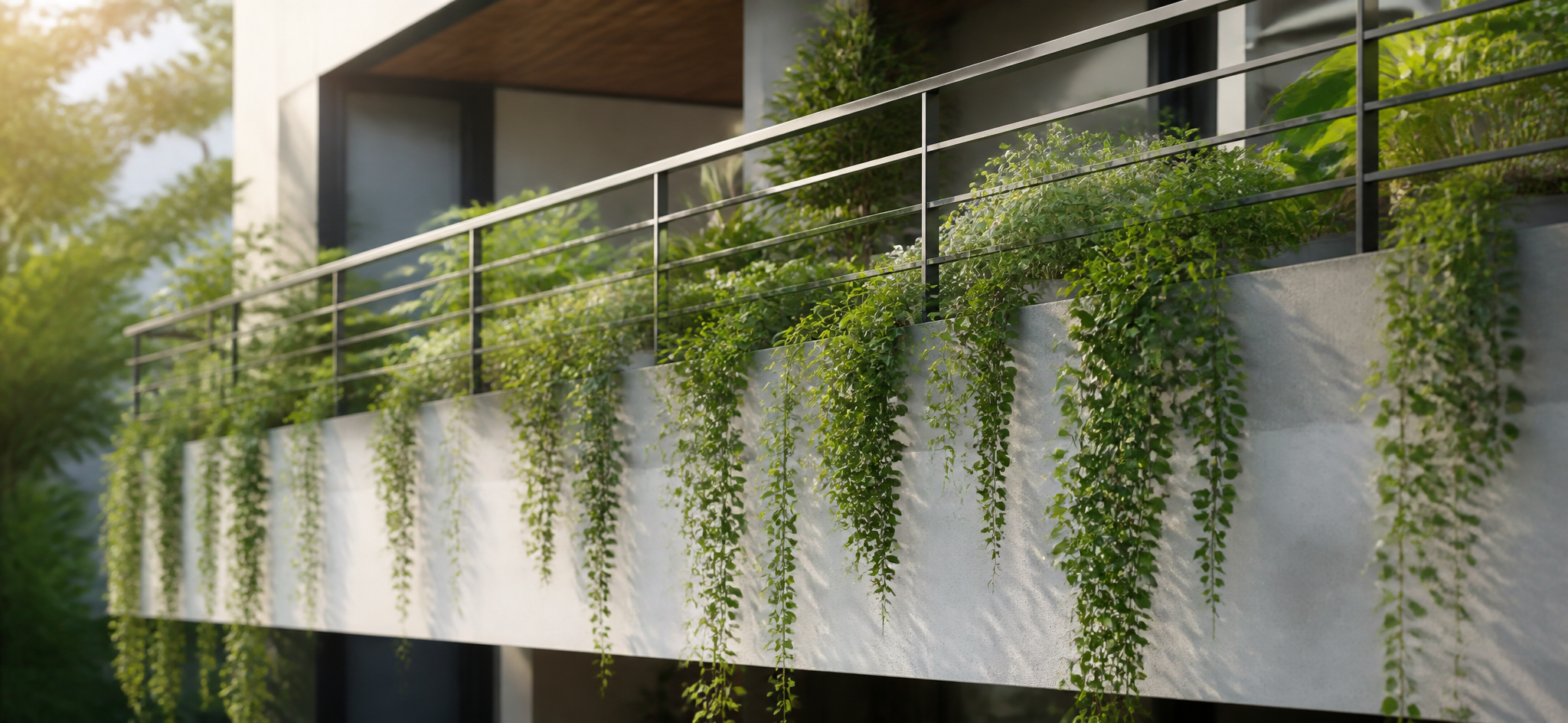 Trailing plants softening a modern balcony railing