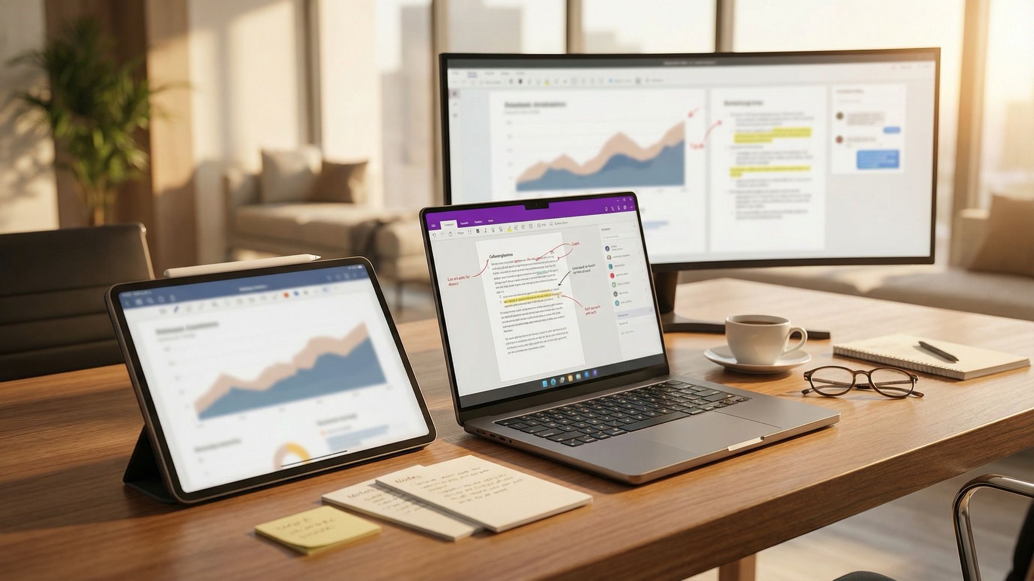 Modern workspace with laptop, tablet and monitor