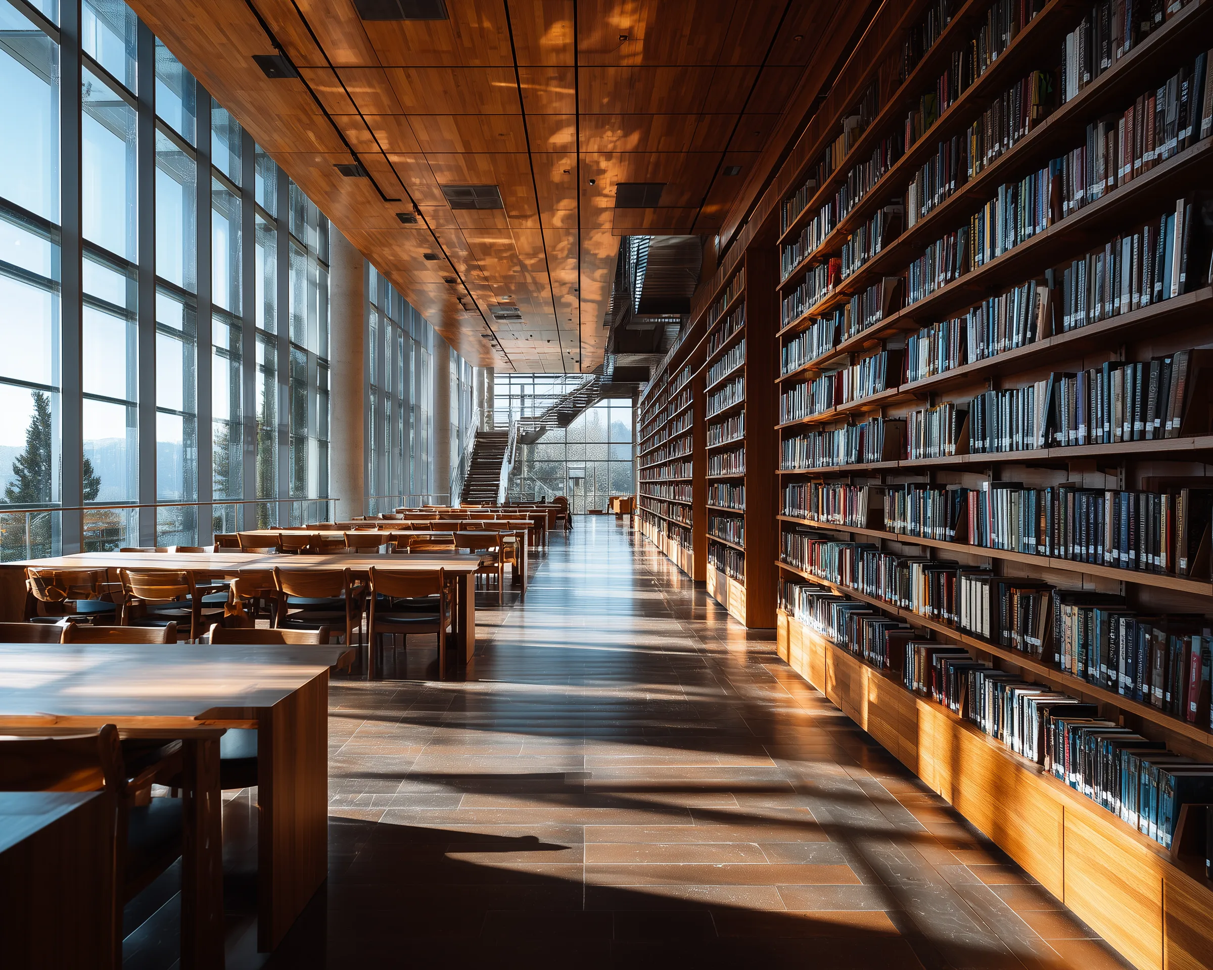 Modern sunlit library reading hall
