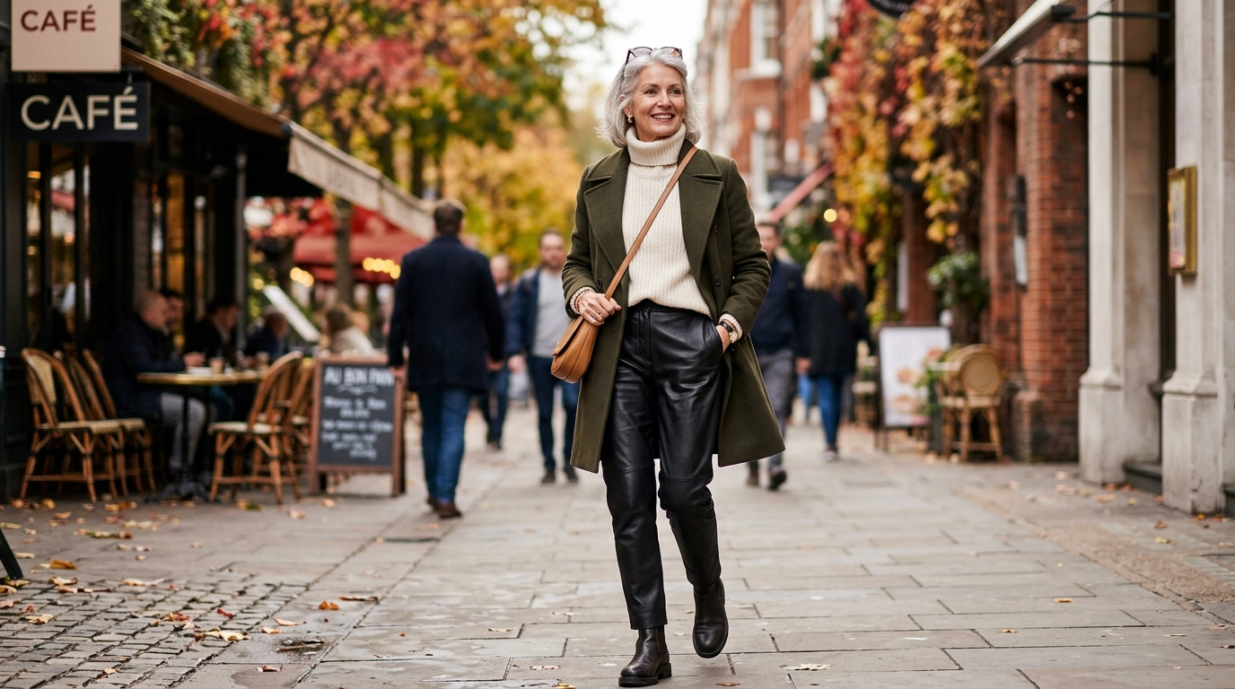 Senior woman wearing leather pants in seasonal street style