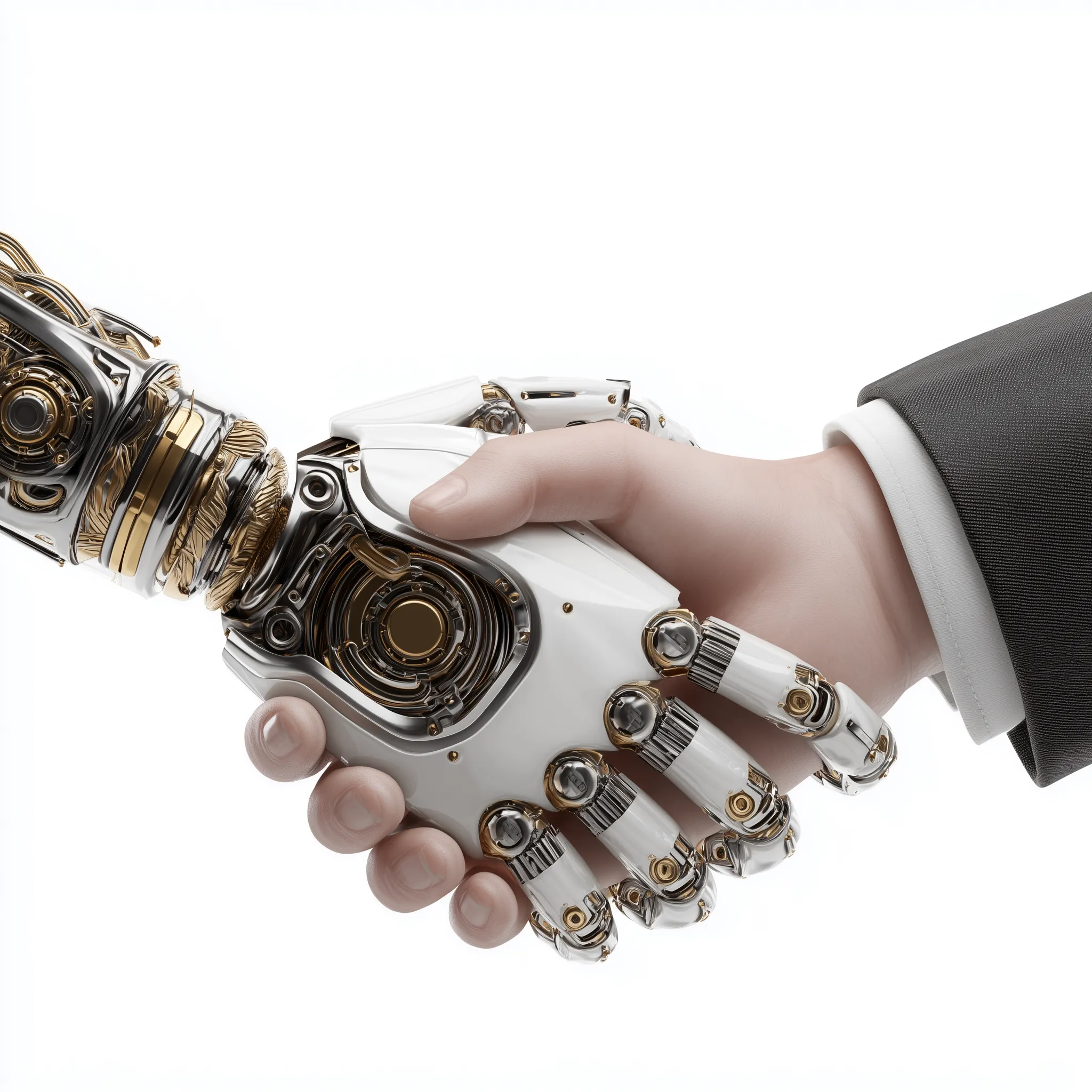 Human and Robot Handshake on White Background