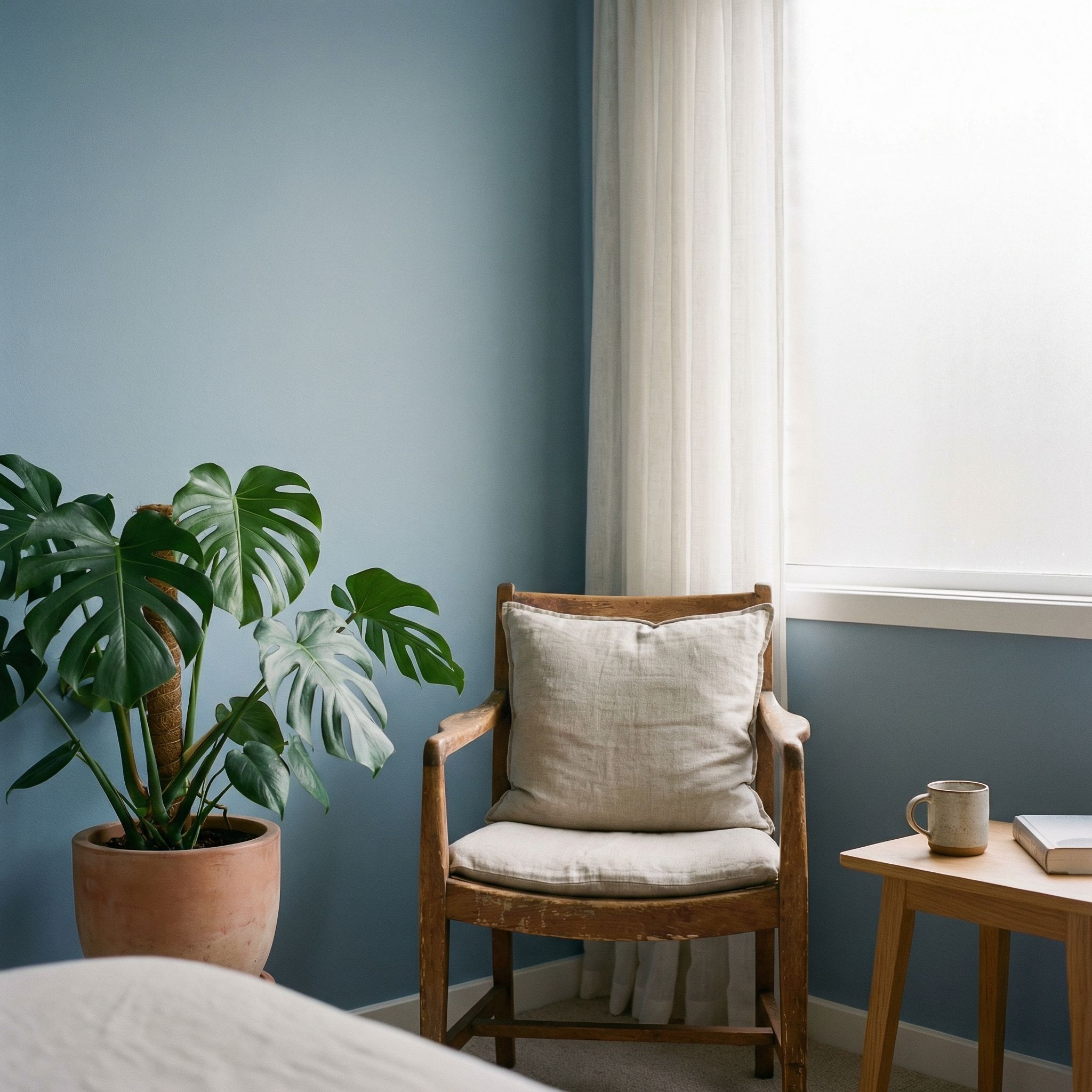 Cozy reading corner with plant and wooden chair