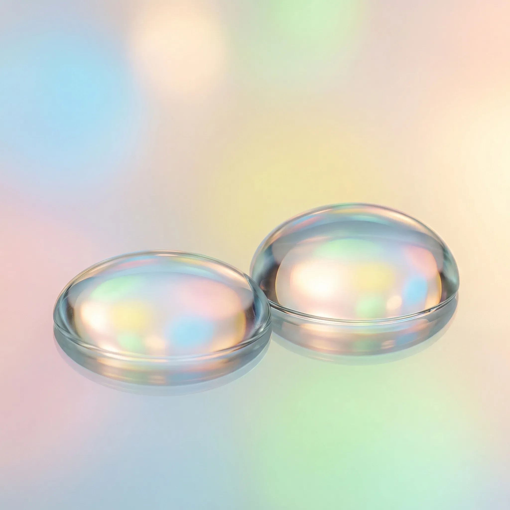 Iridescent glass domes on pastel background