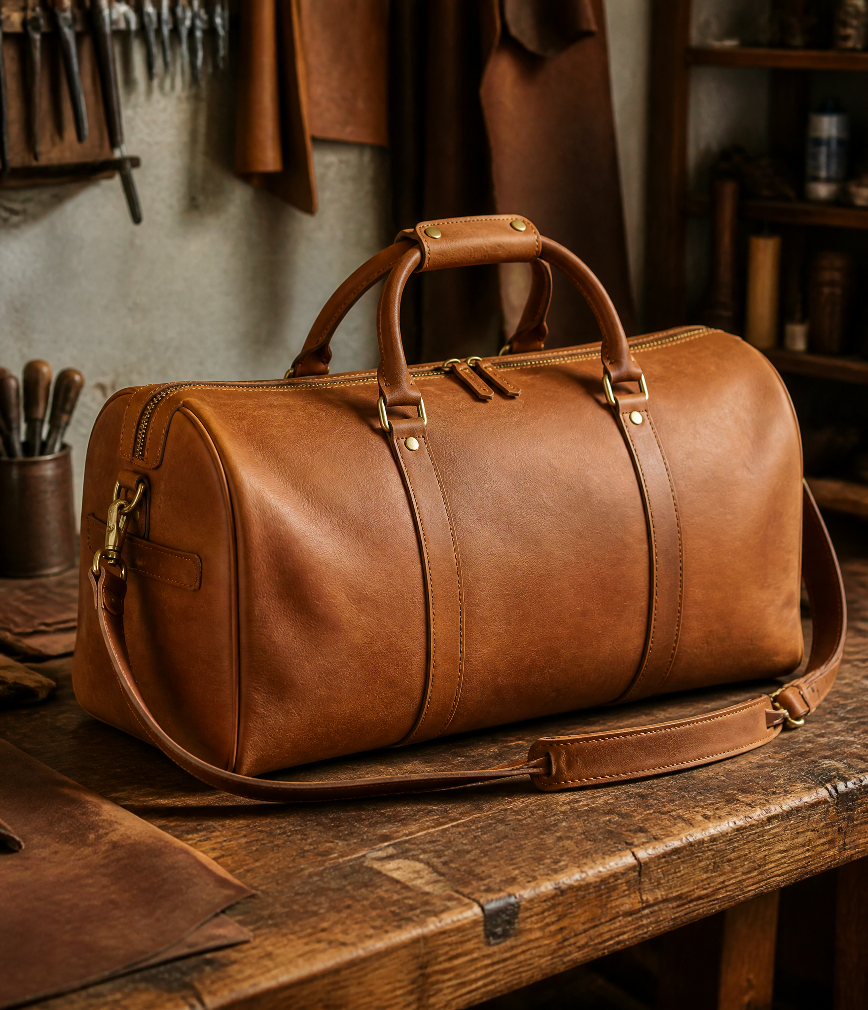 Tan leather weekender duffle bag resting on a wooden workbench