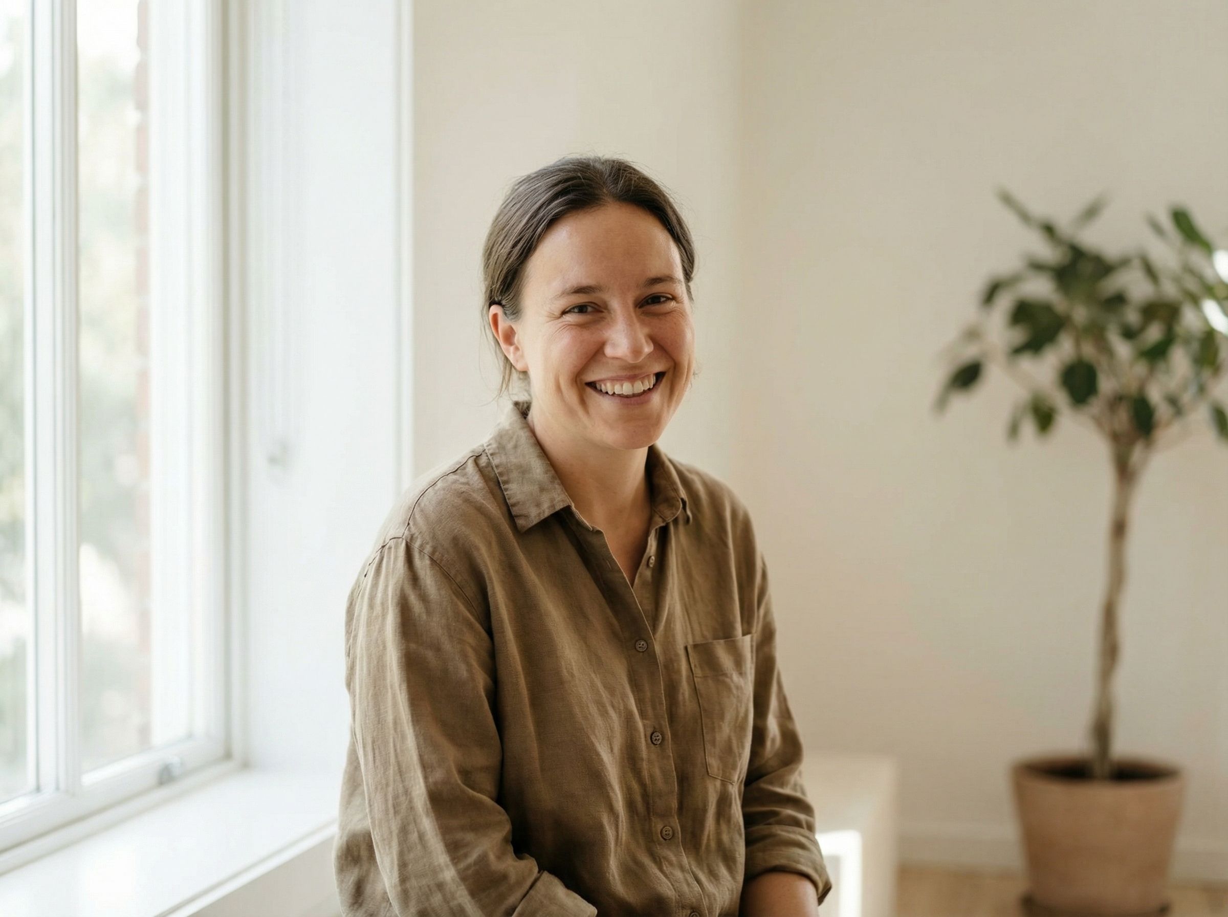 Smiling woman in bright minimalist interior