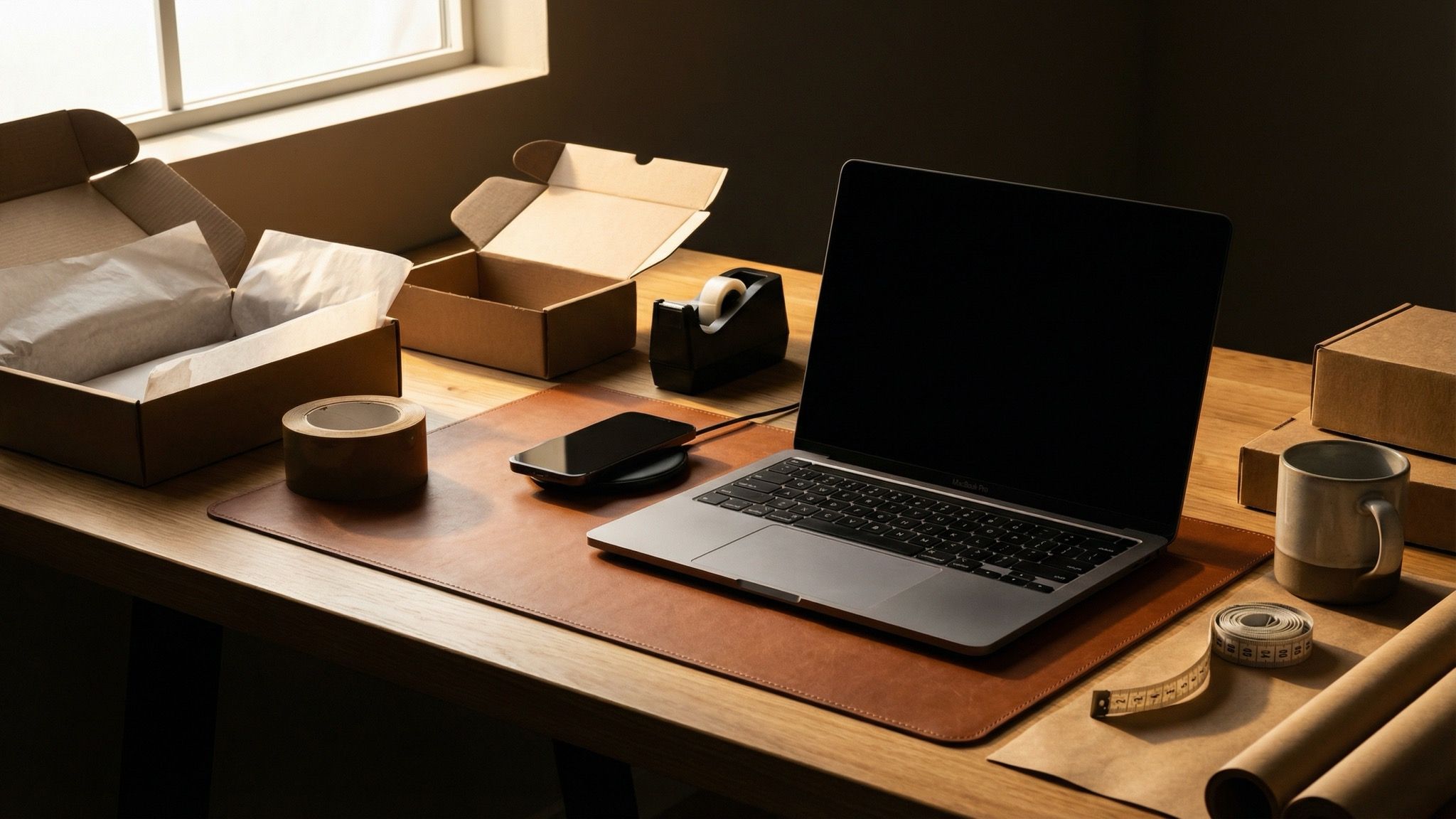 Workspace with laptop and packaging materials
