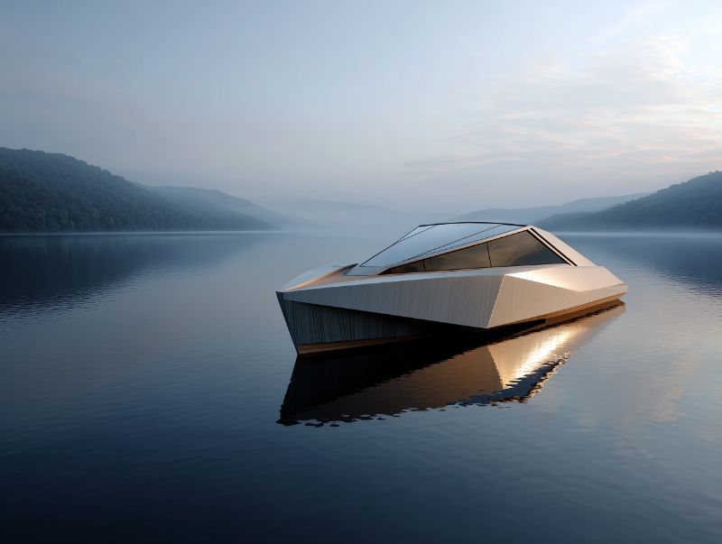 Futuristic angular yacht on tranquil mountain lake