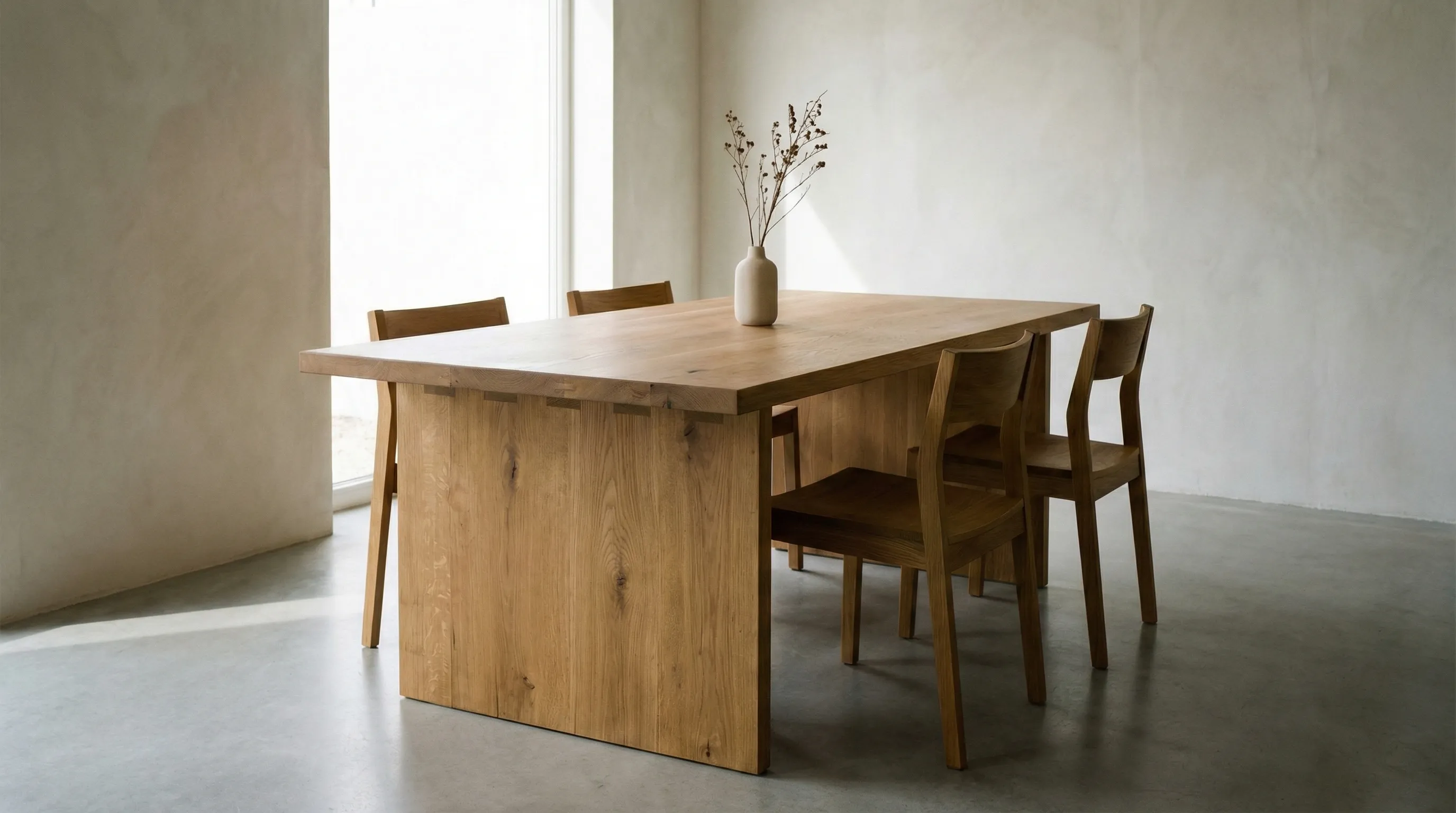 Minimalist wooden dining table in bright interior