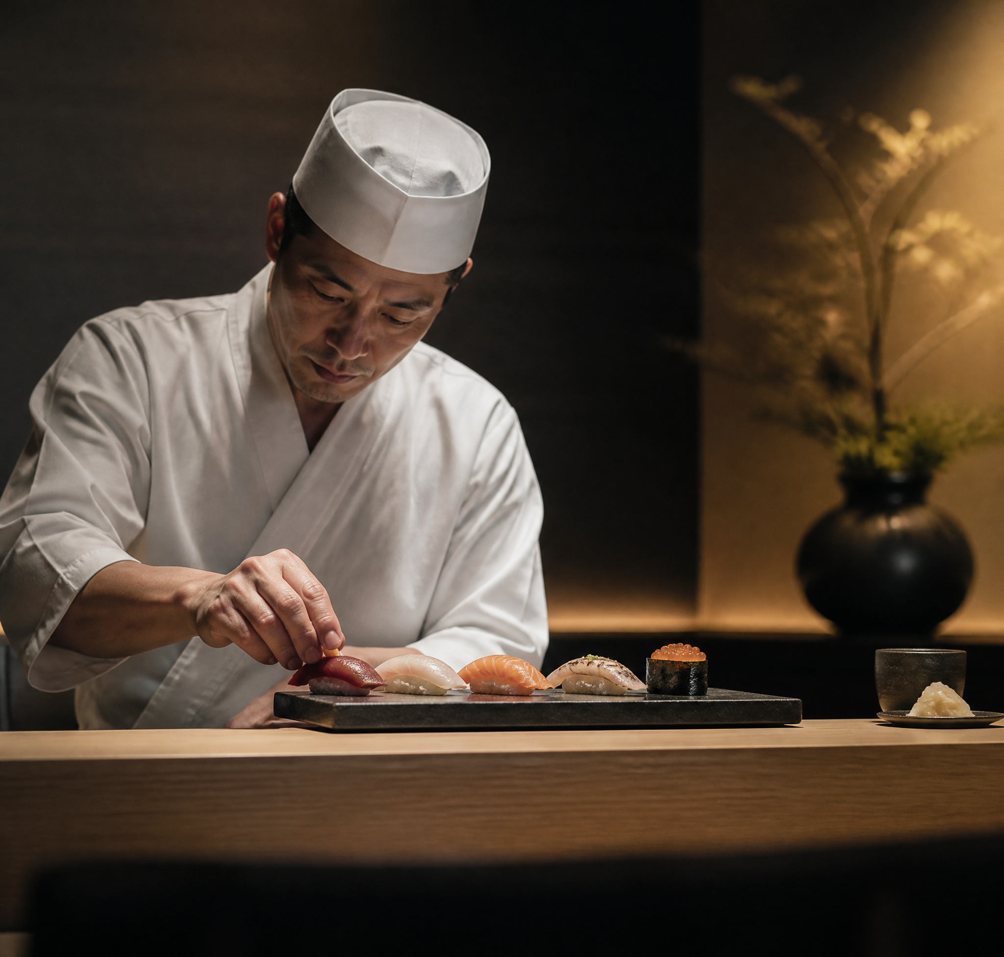 Sushi Chef Preparing Nigiri Assortment