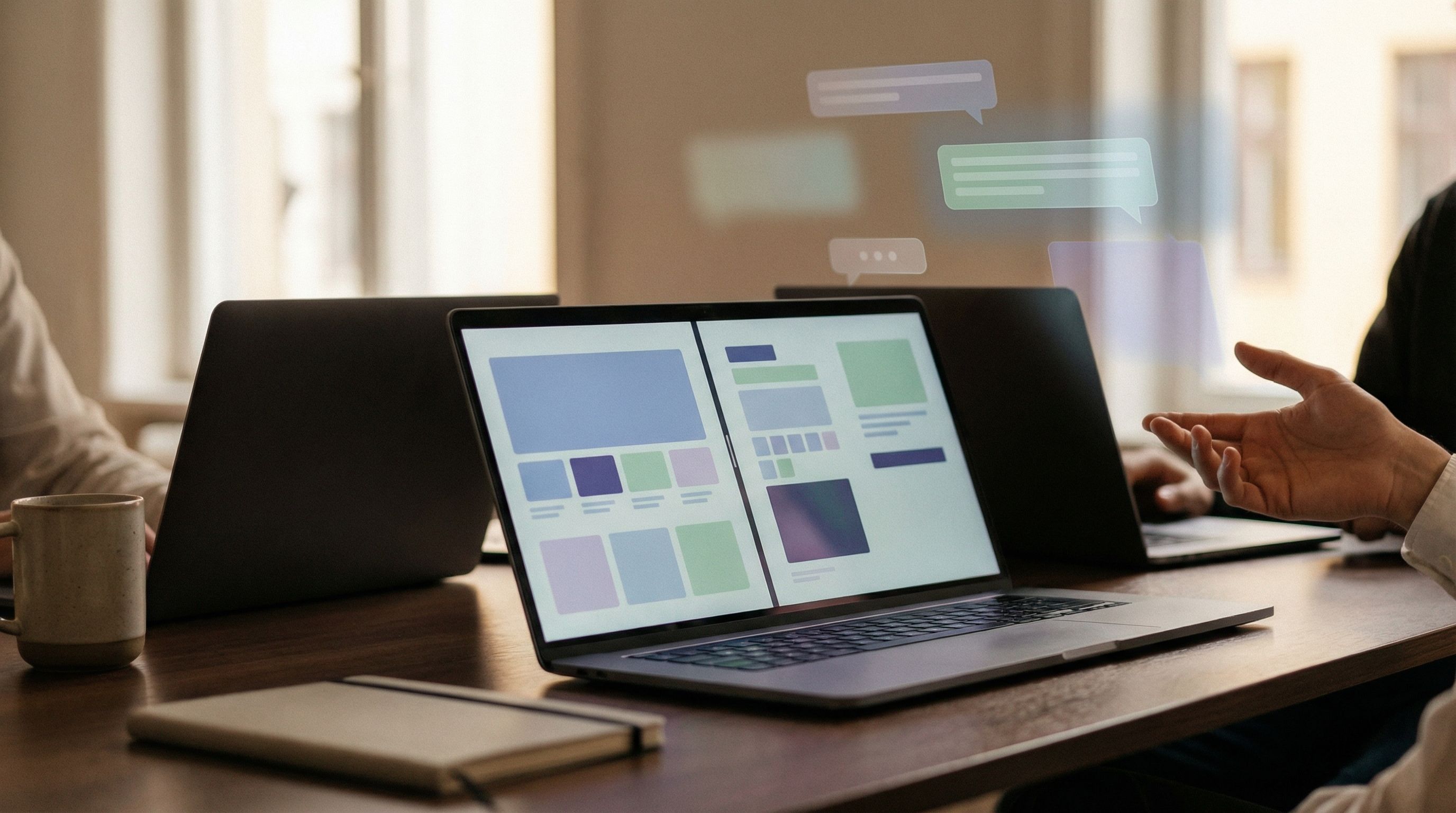 Team collaboration with laptops in modern office