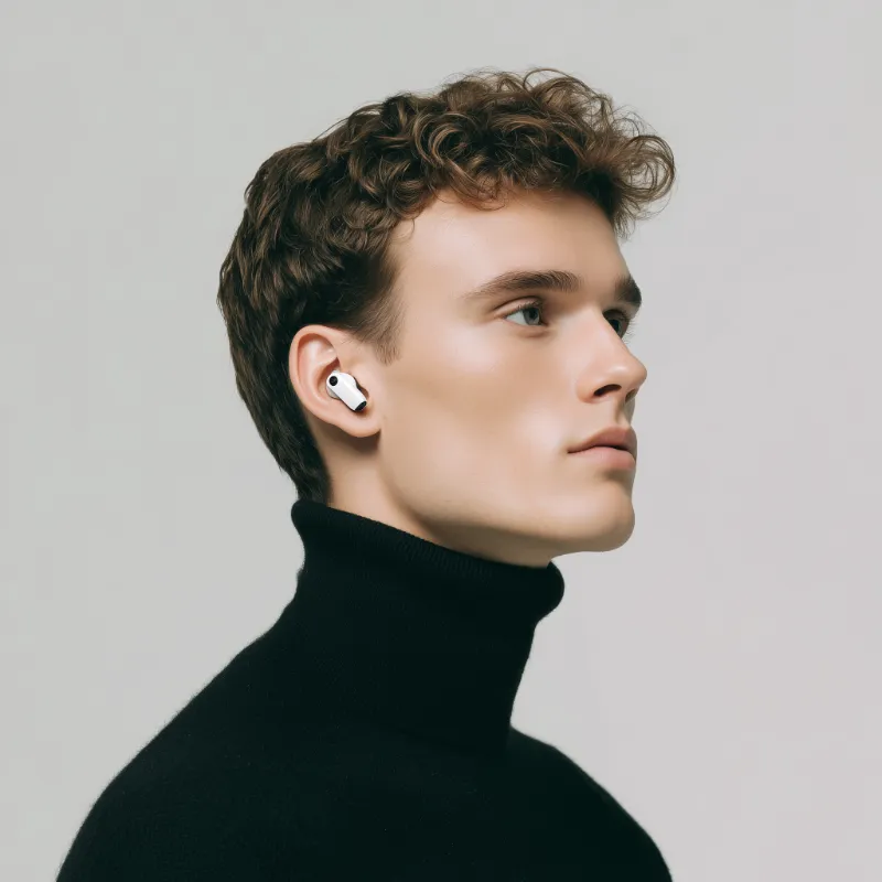 Side profile of man in turtleneck with wireless earbuds