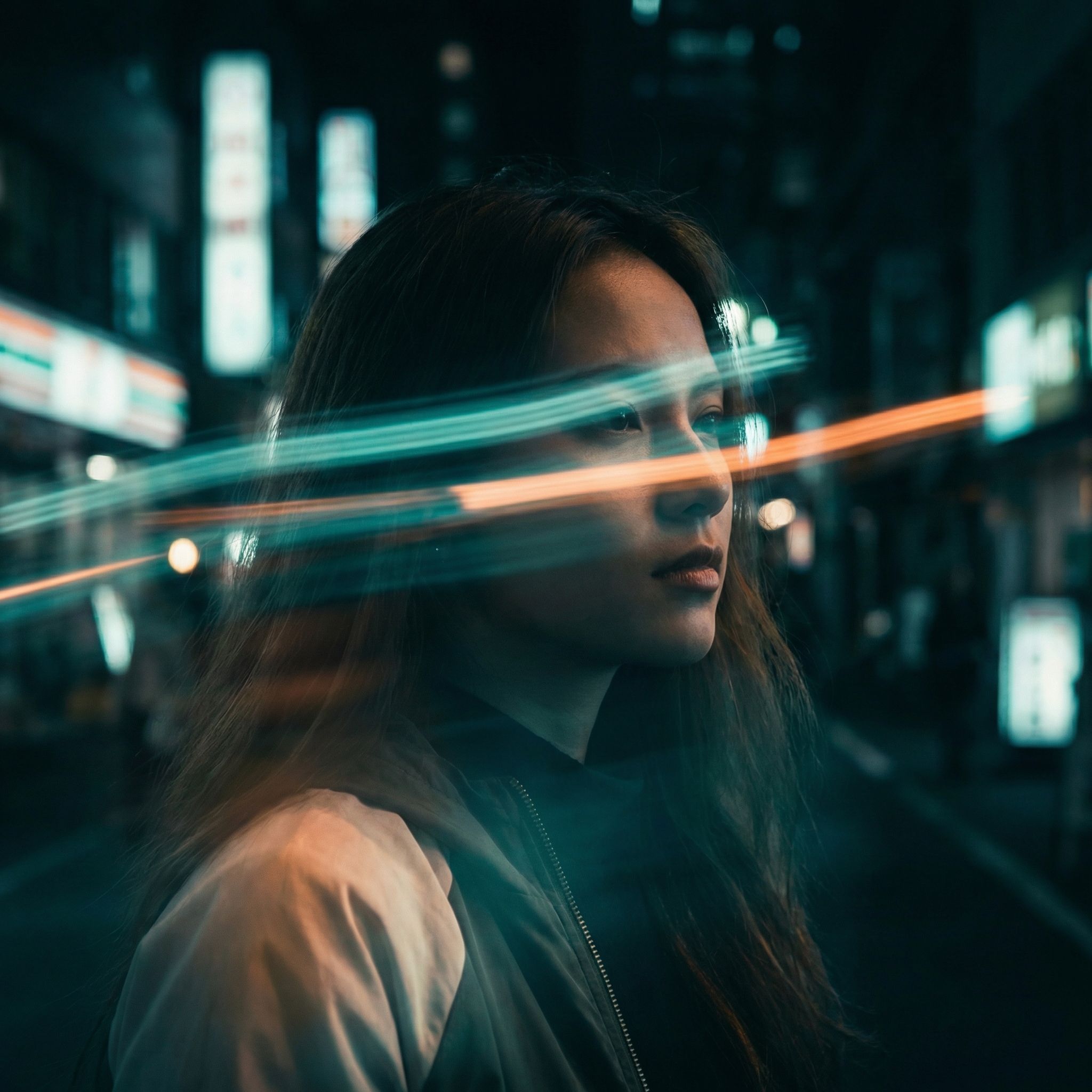 Cinematic night portrait with neon light trails