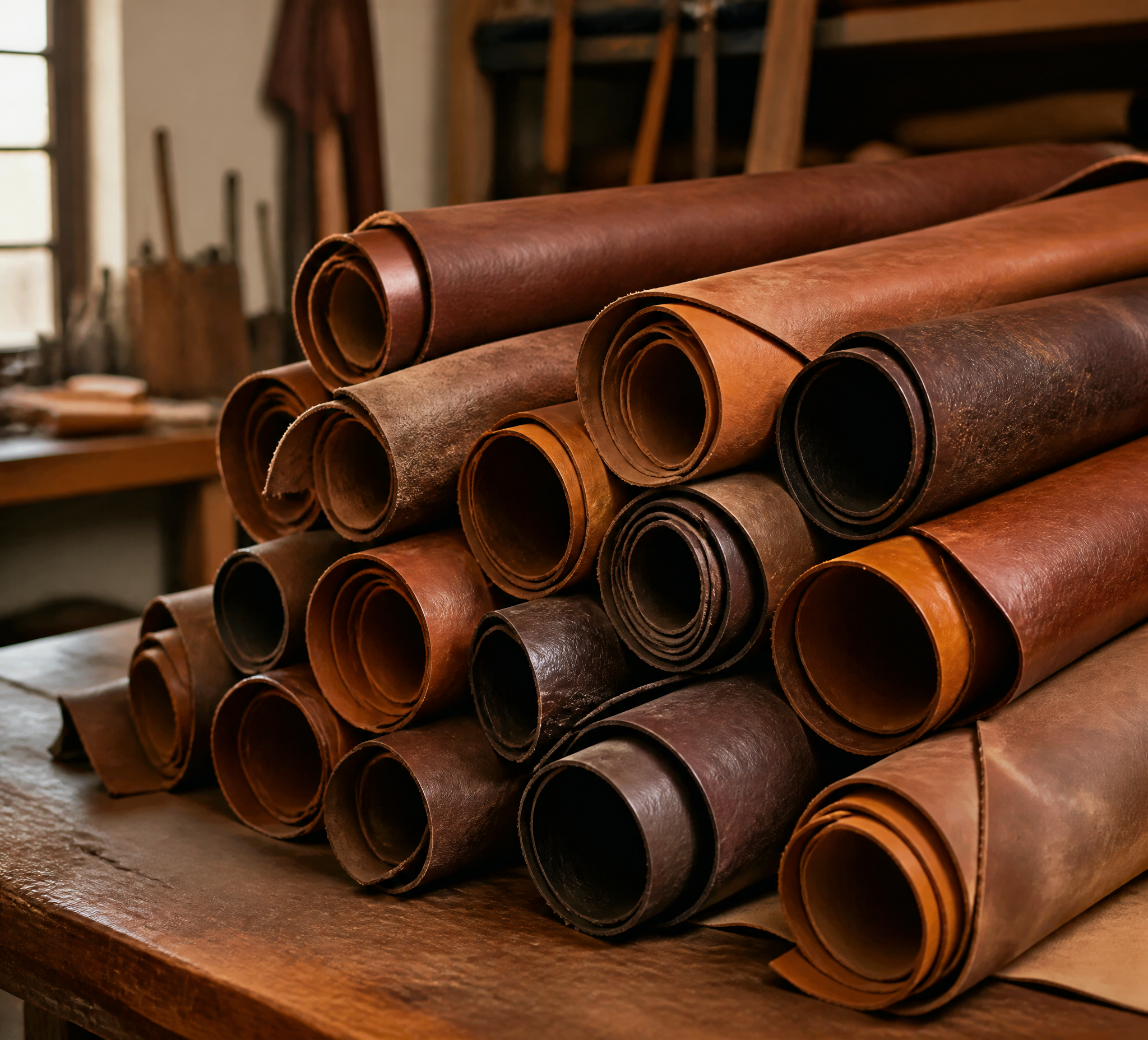 Rolls of tanned leather stacked in a workshop