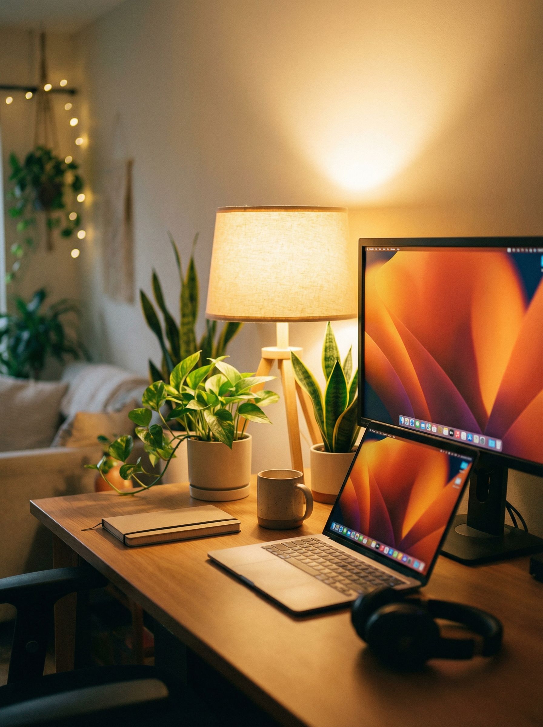 Cozy home office desk with plants and laptop