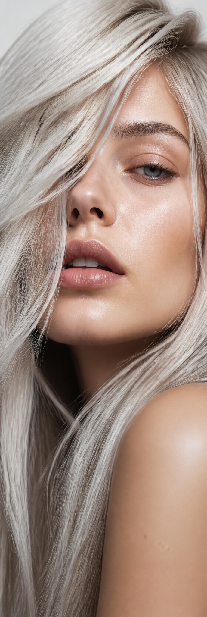 Platinum-haired model in a close beauty crop