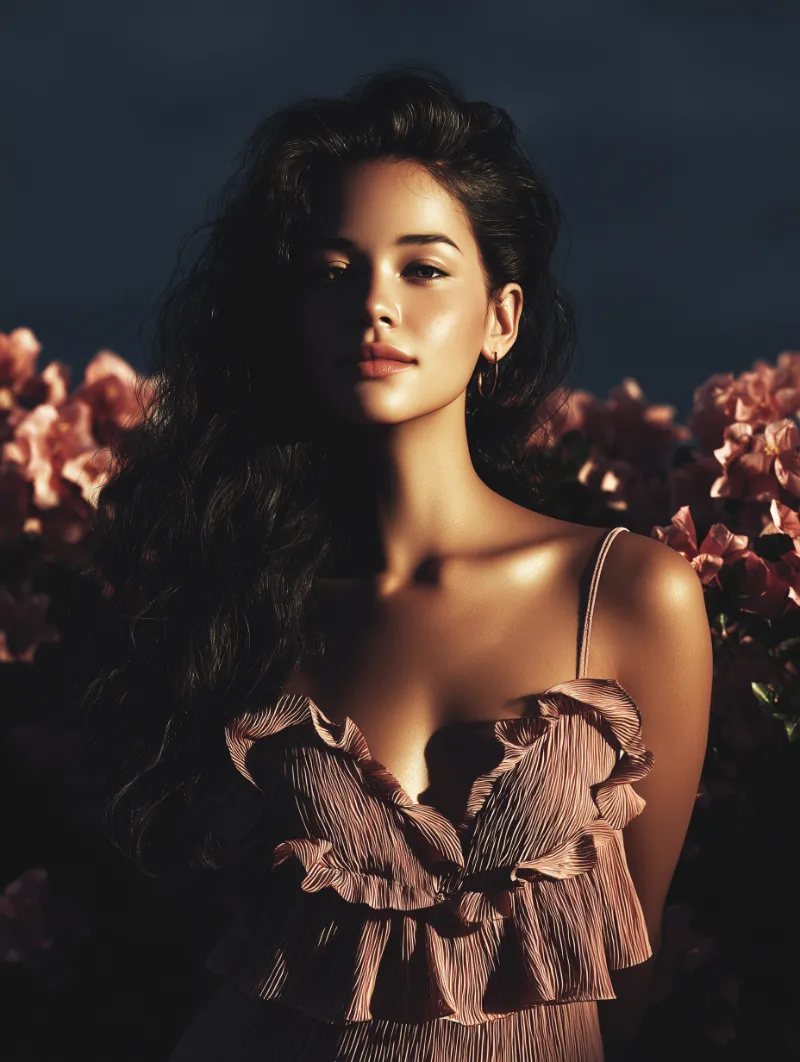 Sunlit portrait of woman amid pink blossoms