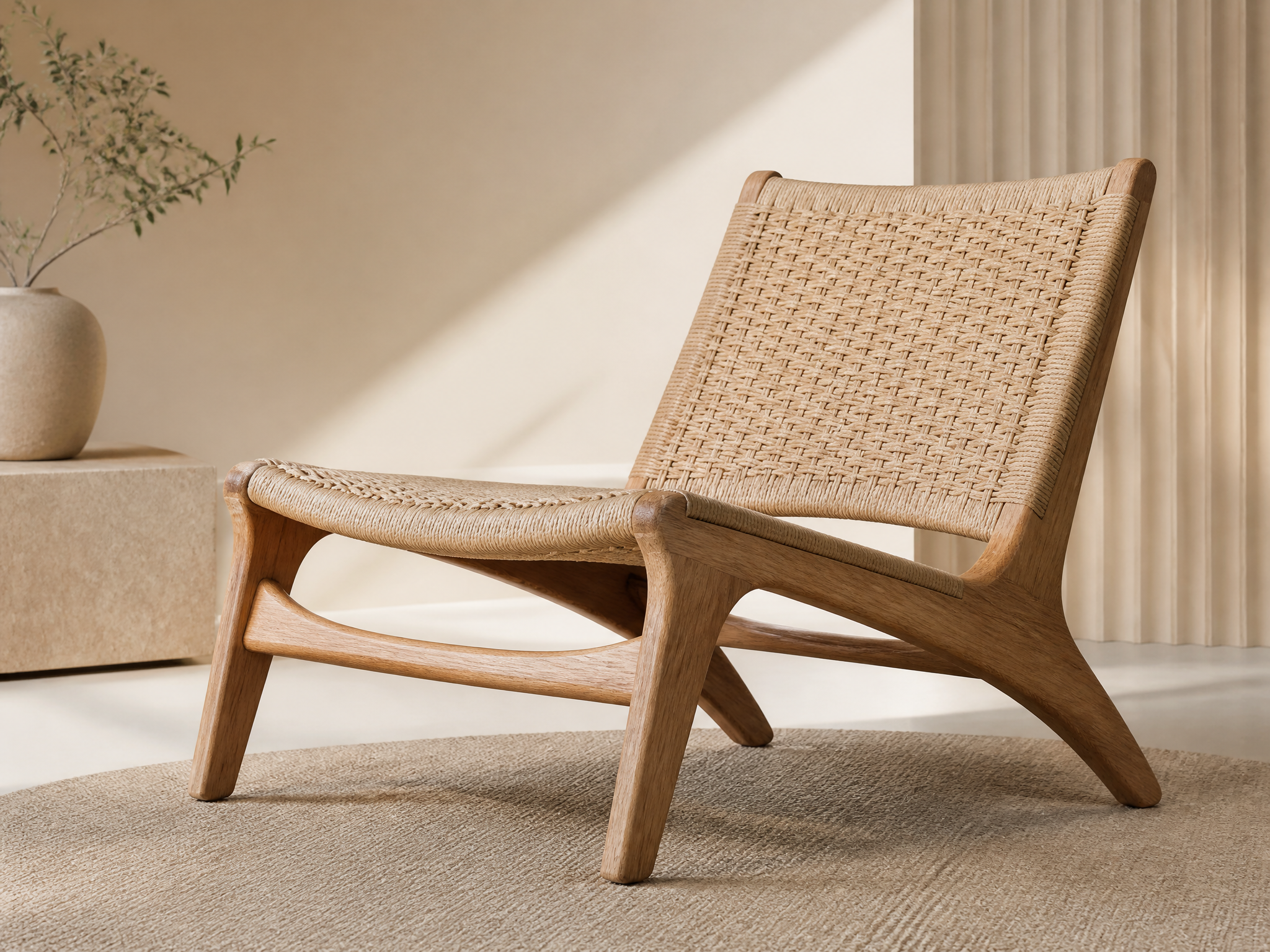 Minimalist Woven Lounge Chair in Sunlit Interior