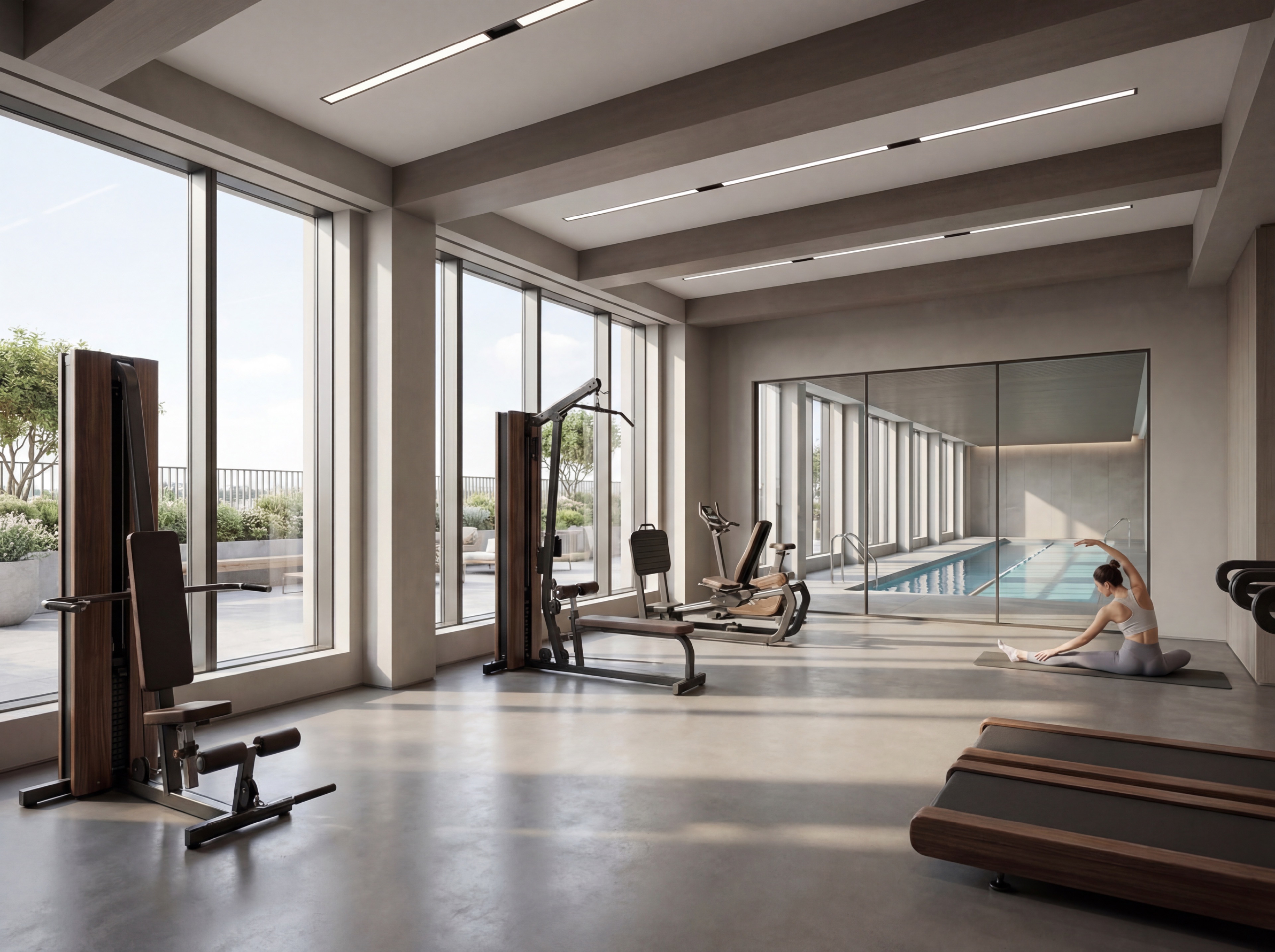 Modern gym with pool and natural light