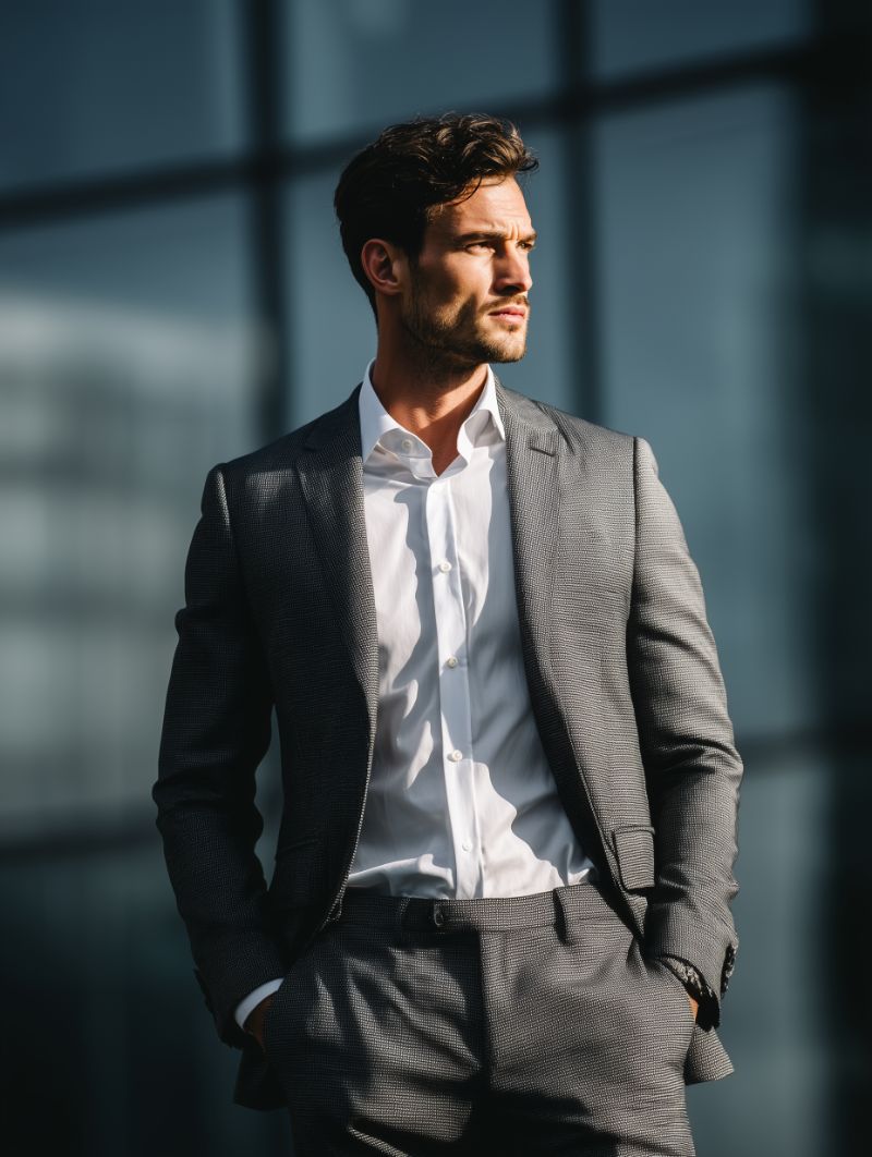 Businessman in Gray Suit Against Glass Building