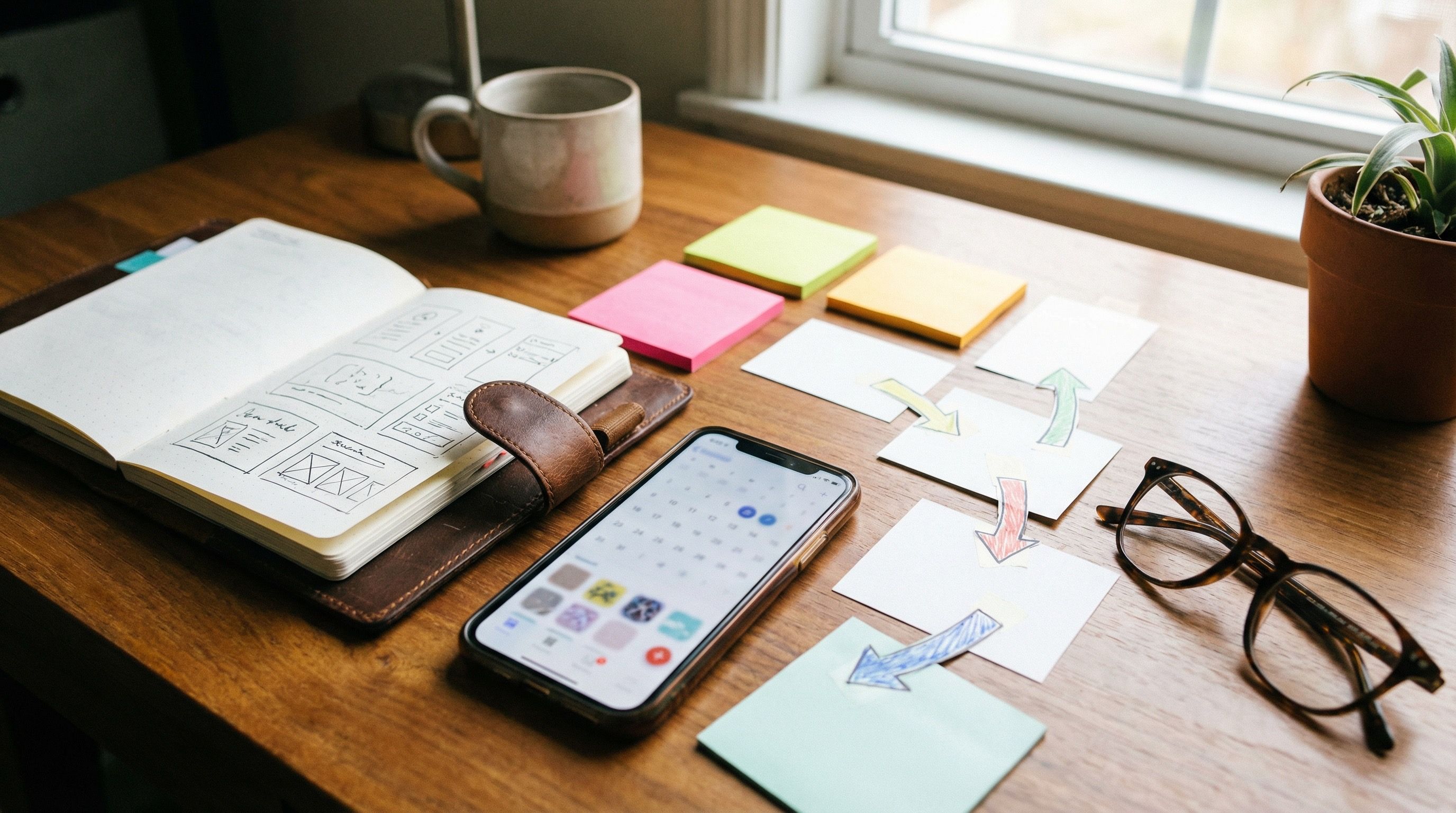 Creative workspace with planner and smartphone