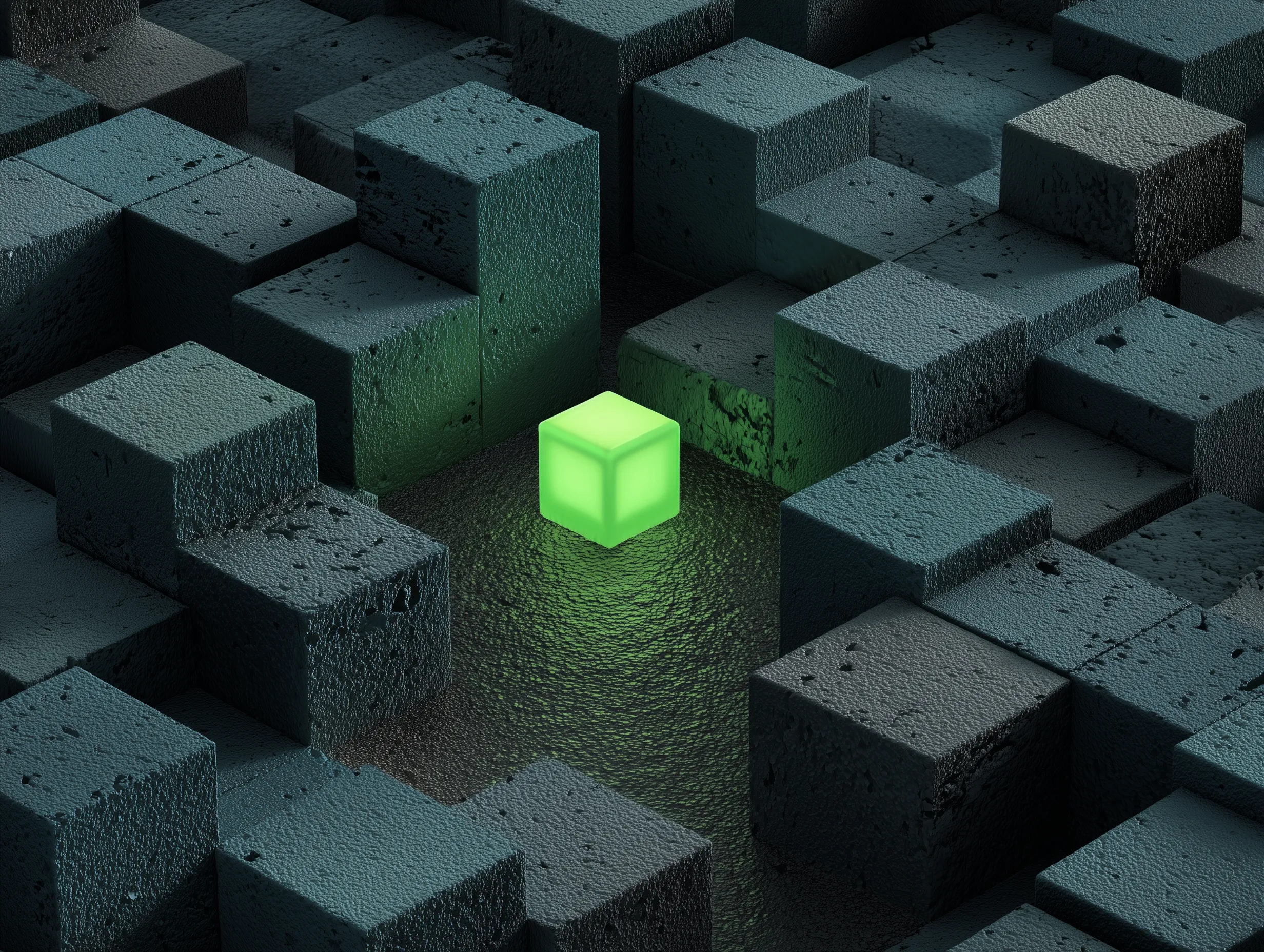 Glowing Green Cube Among Dark Blocks