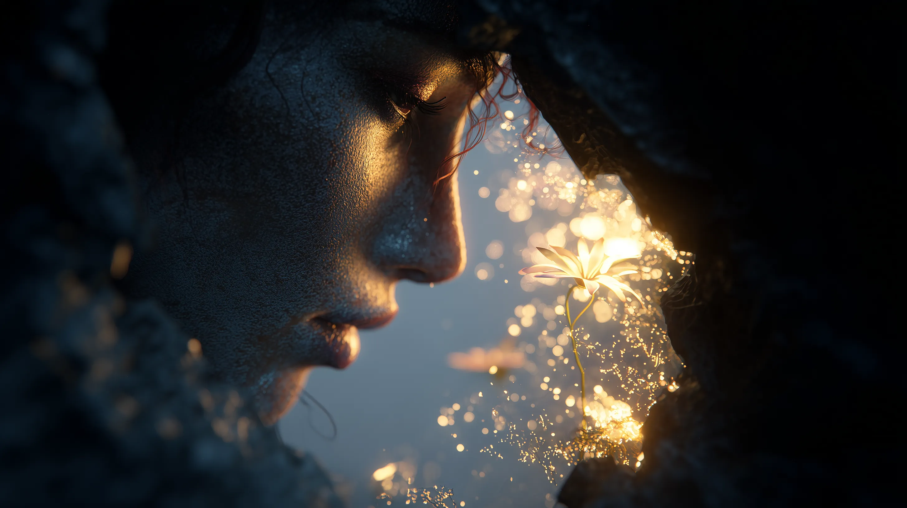 Ethereal Close-up of Woman Gazing at Glowing Flower