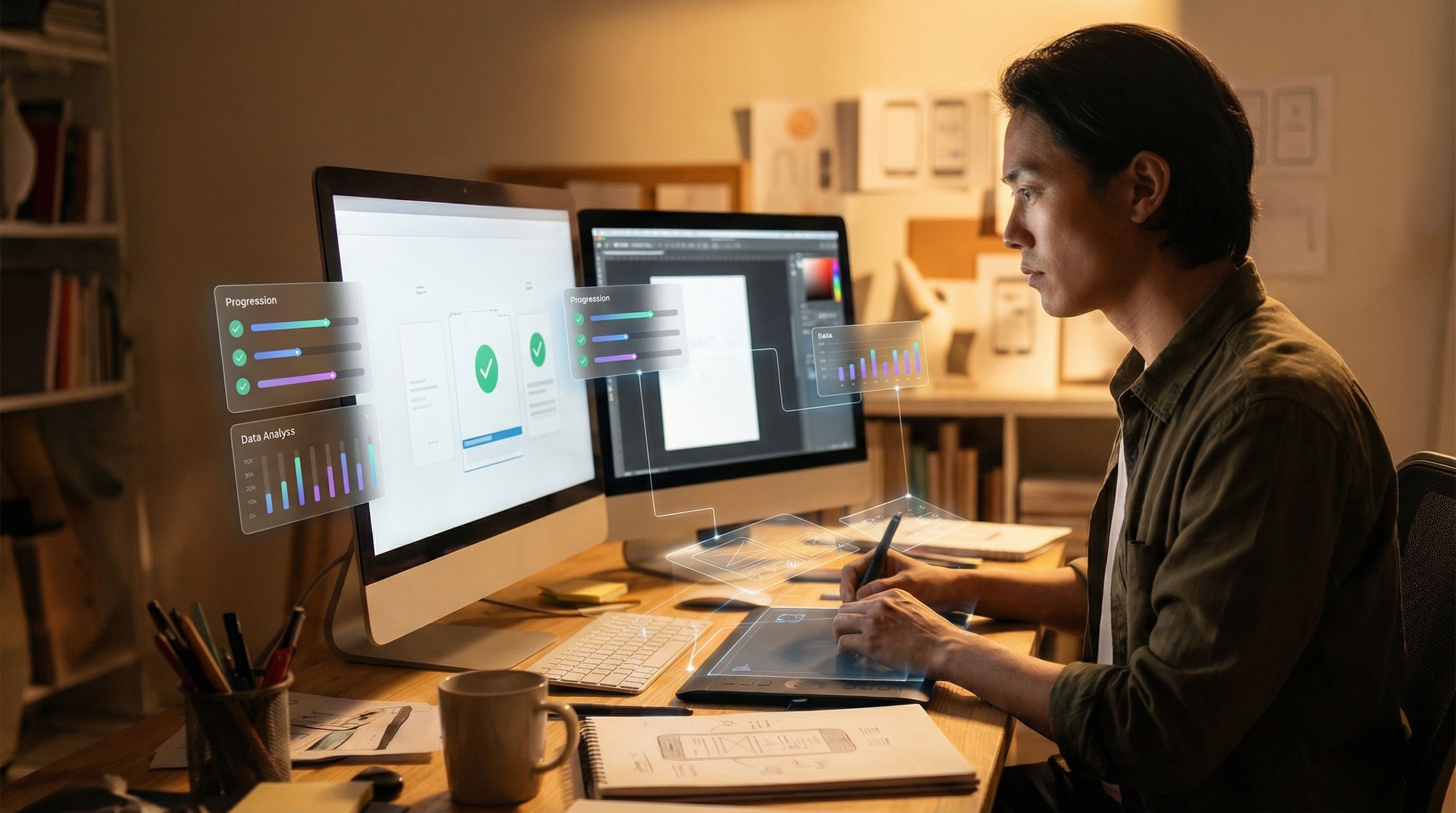 Designer working with futuristic data holograms