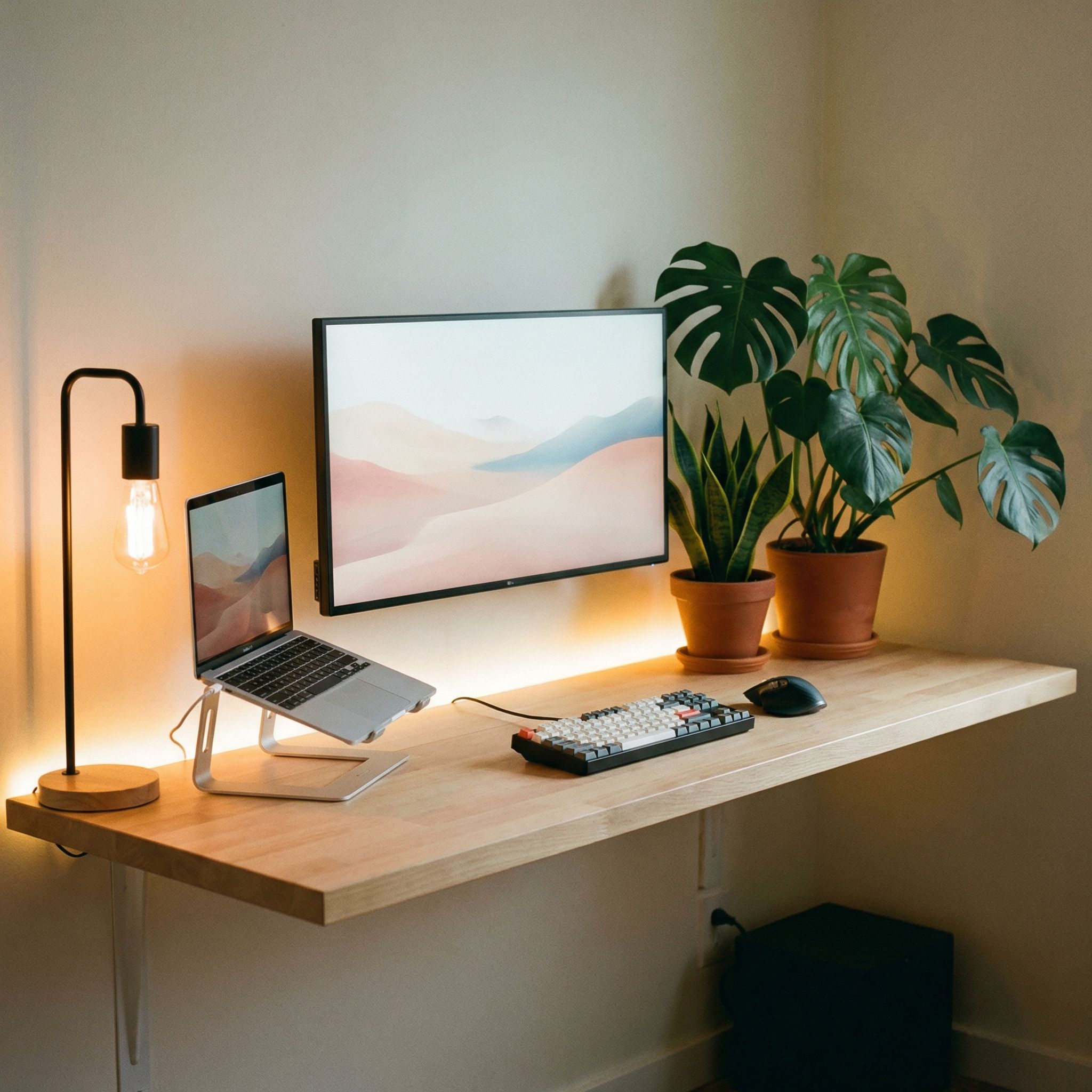 Minimalist home office desk with monitor and plants