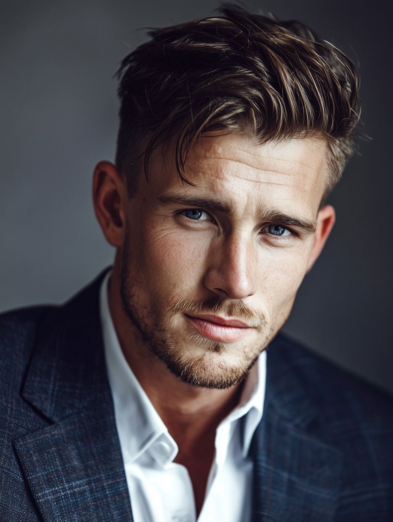 Stylish male studio portrait in dark suit