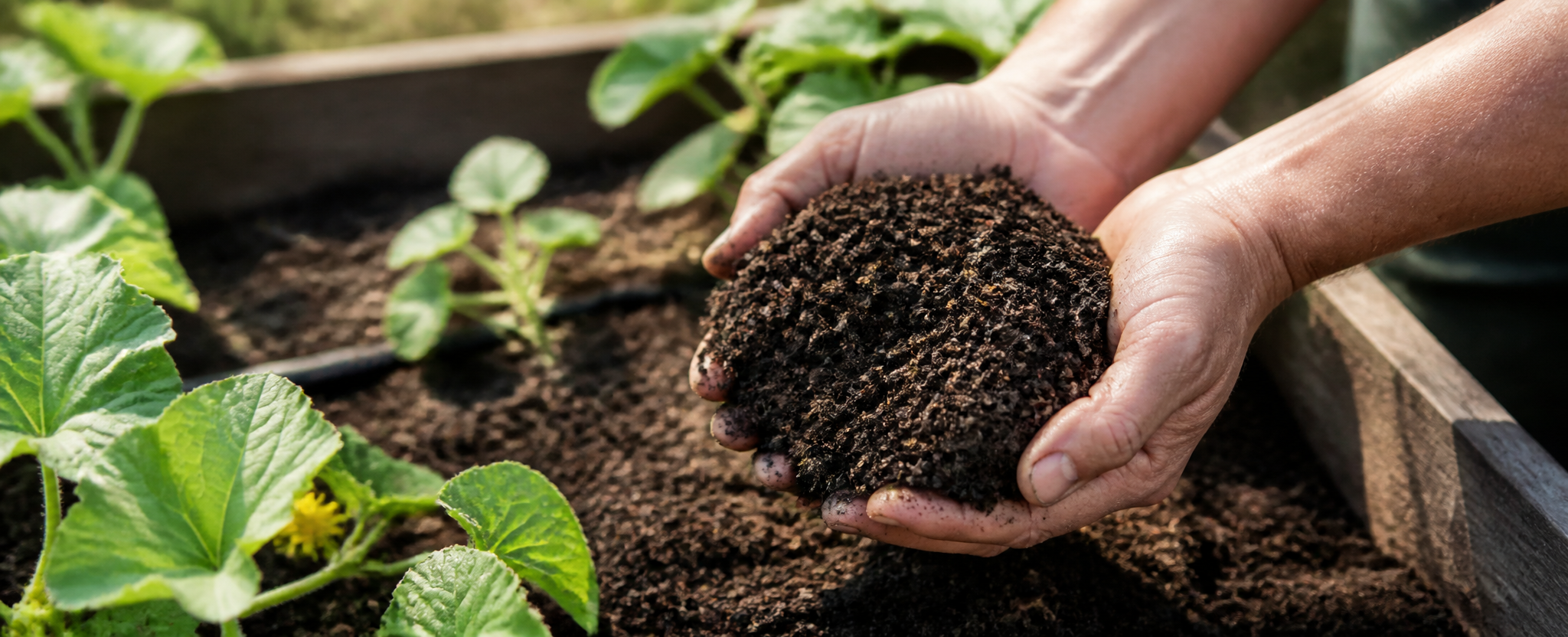 Hands holding dark crumbly compost above a garden bed