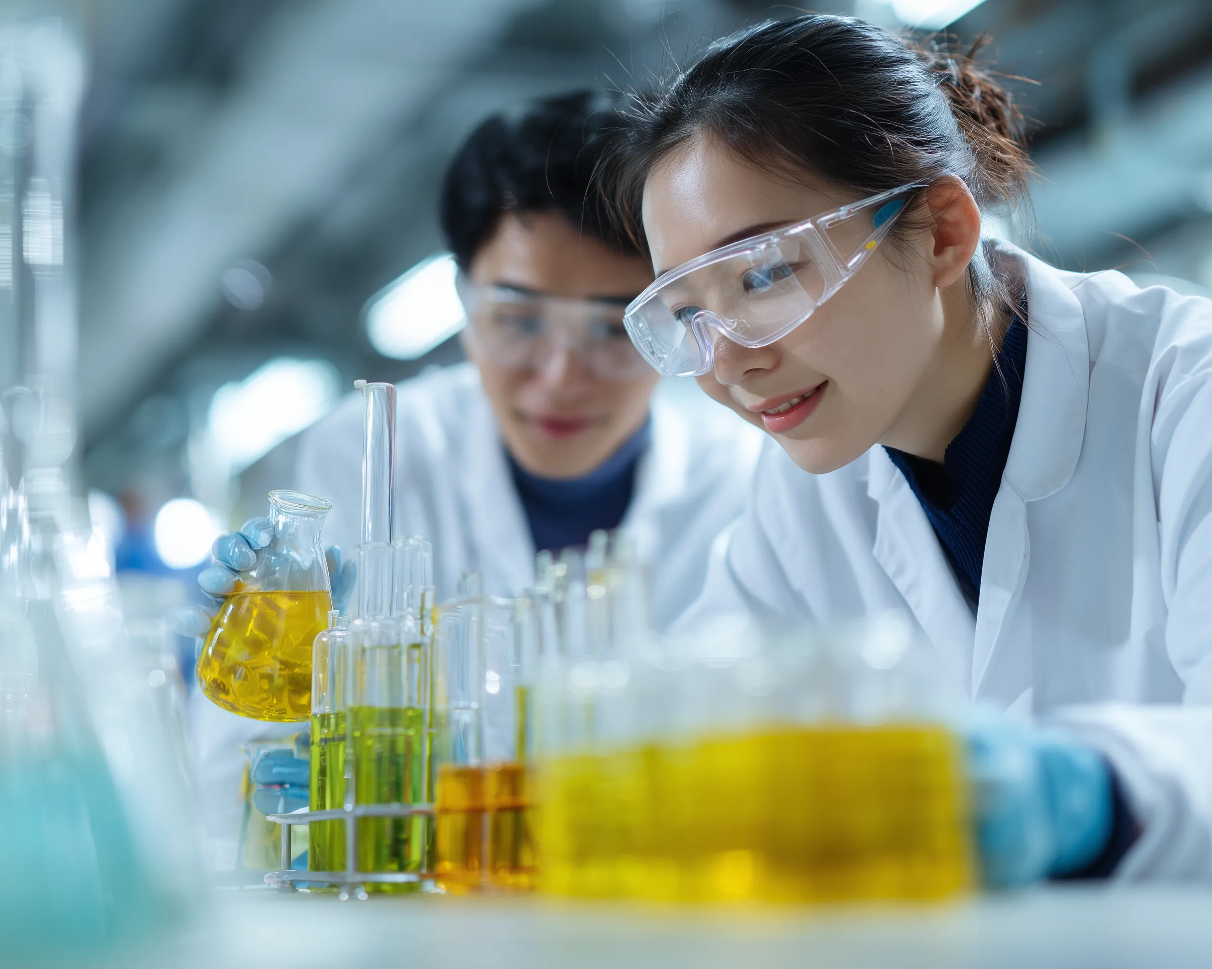 Scientists Working with Colored Lab Solutions