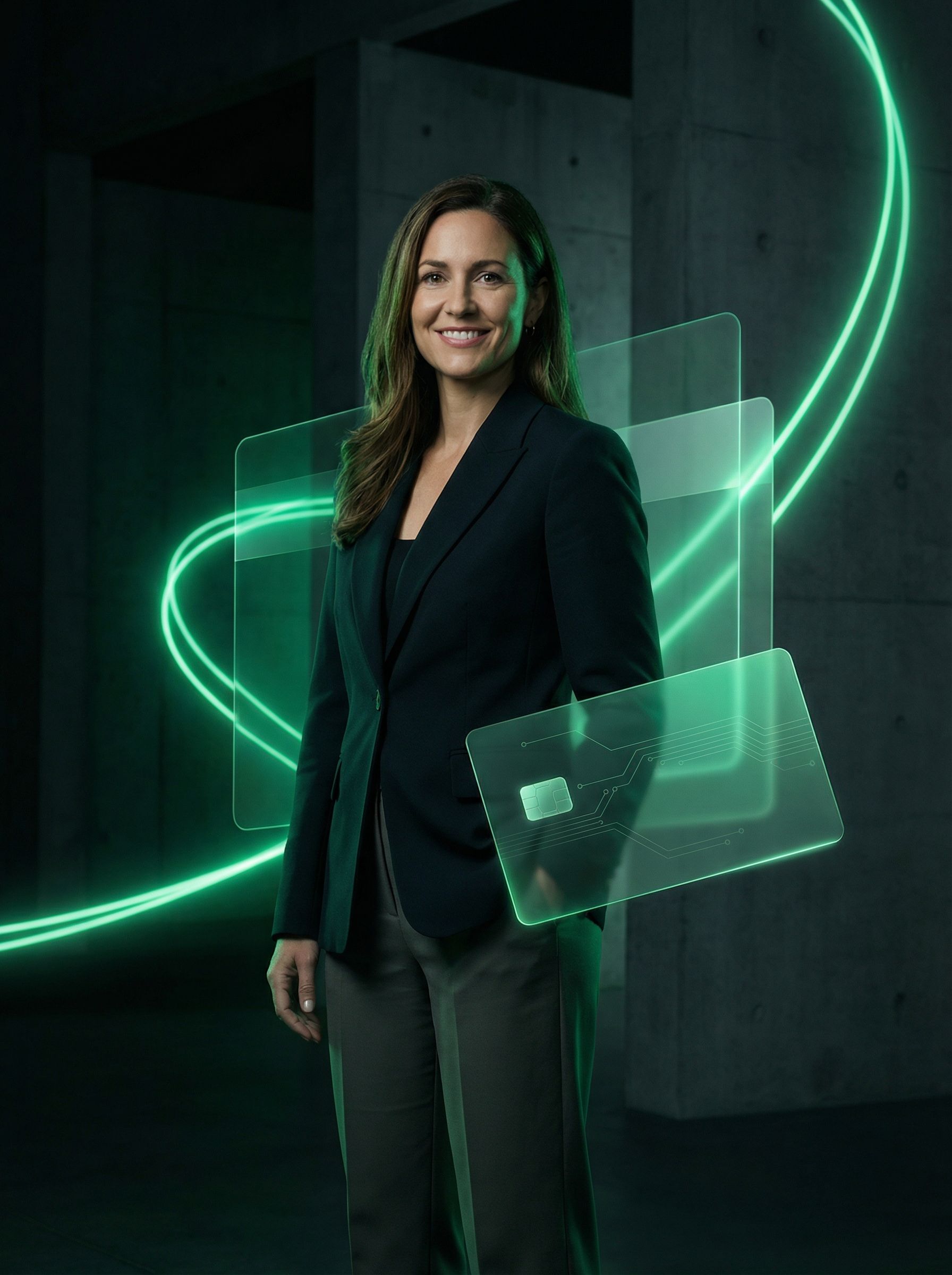 Businesswoman with futuristic digital card