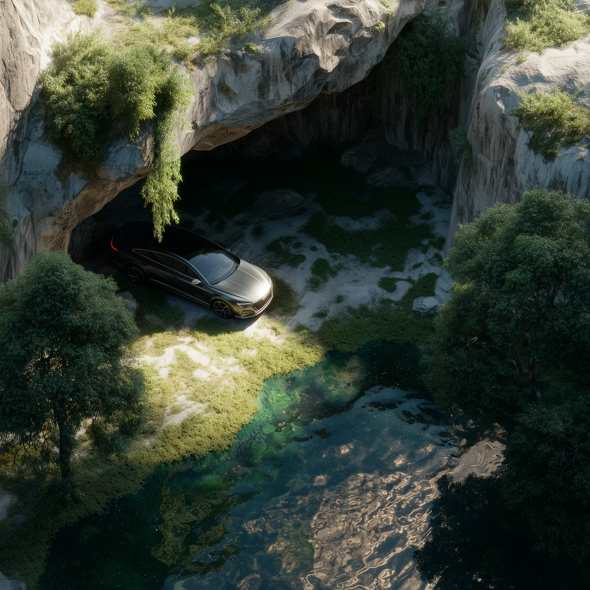 Luxury SUV at Cave Entrance