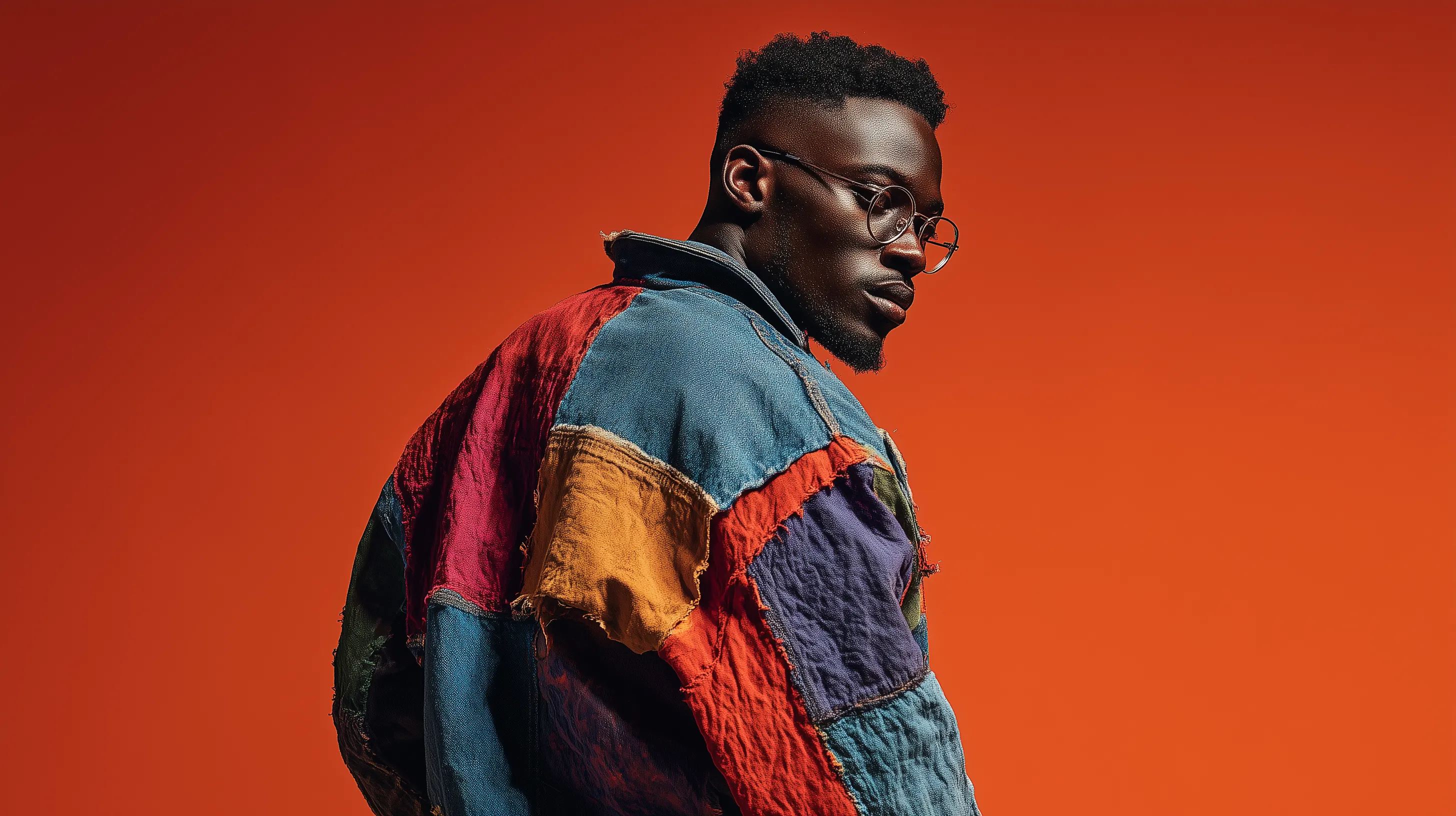 Man in Patchwork Denim Jacket Against Orange Background