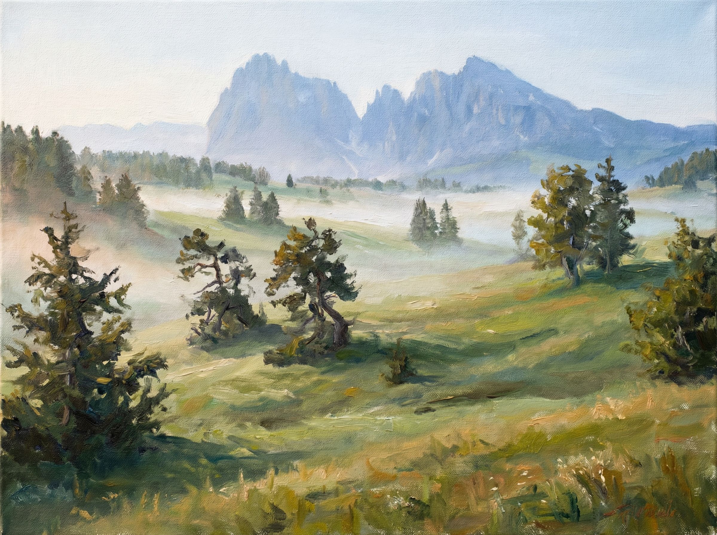 Misty Mountain Meadow Landscape Painting
