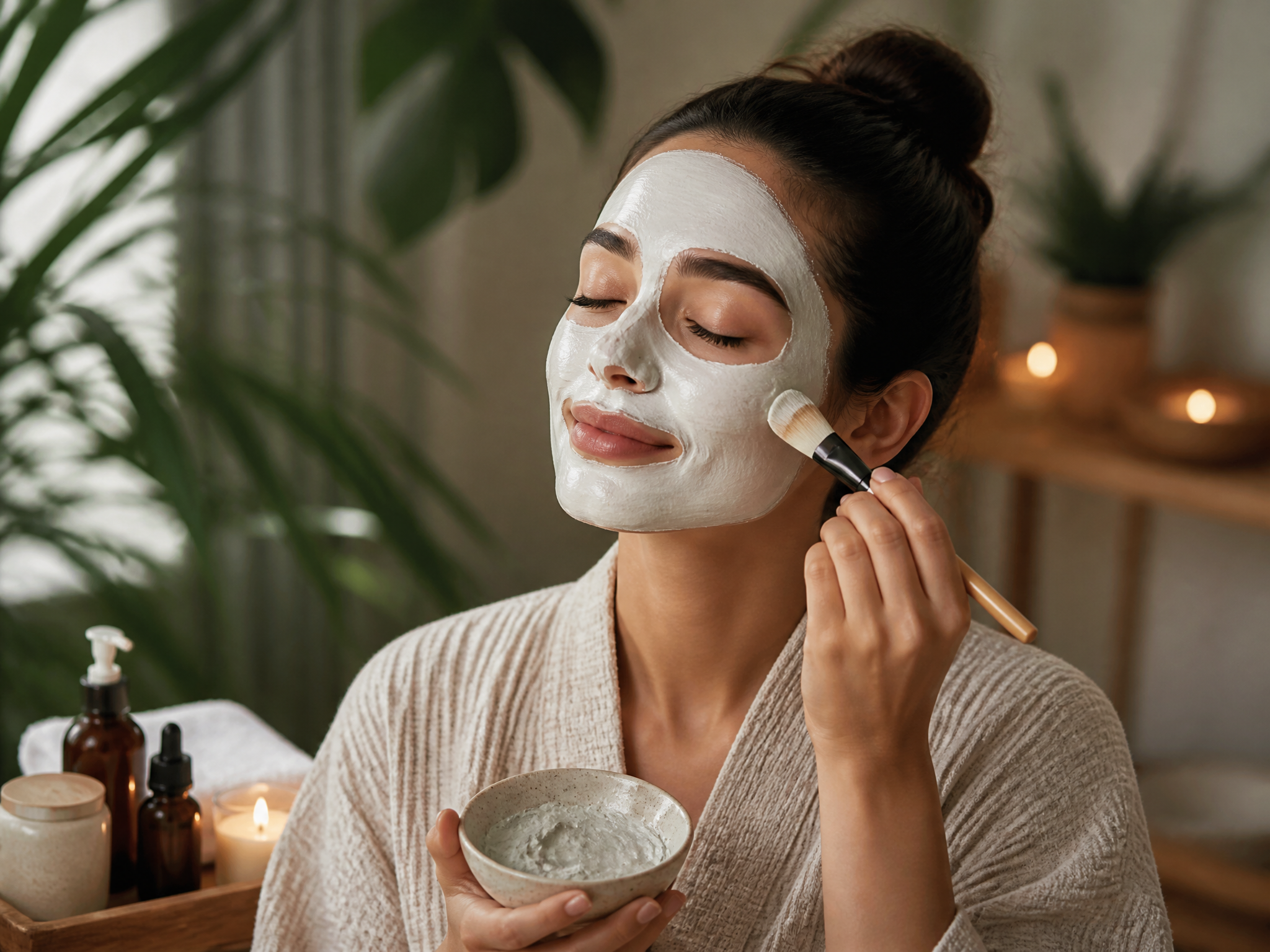 Woman Applying Clay Face Mask in Spa Setting